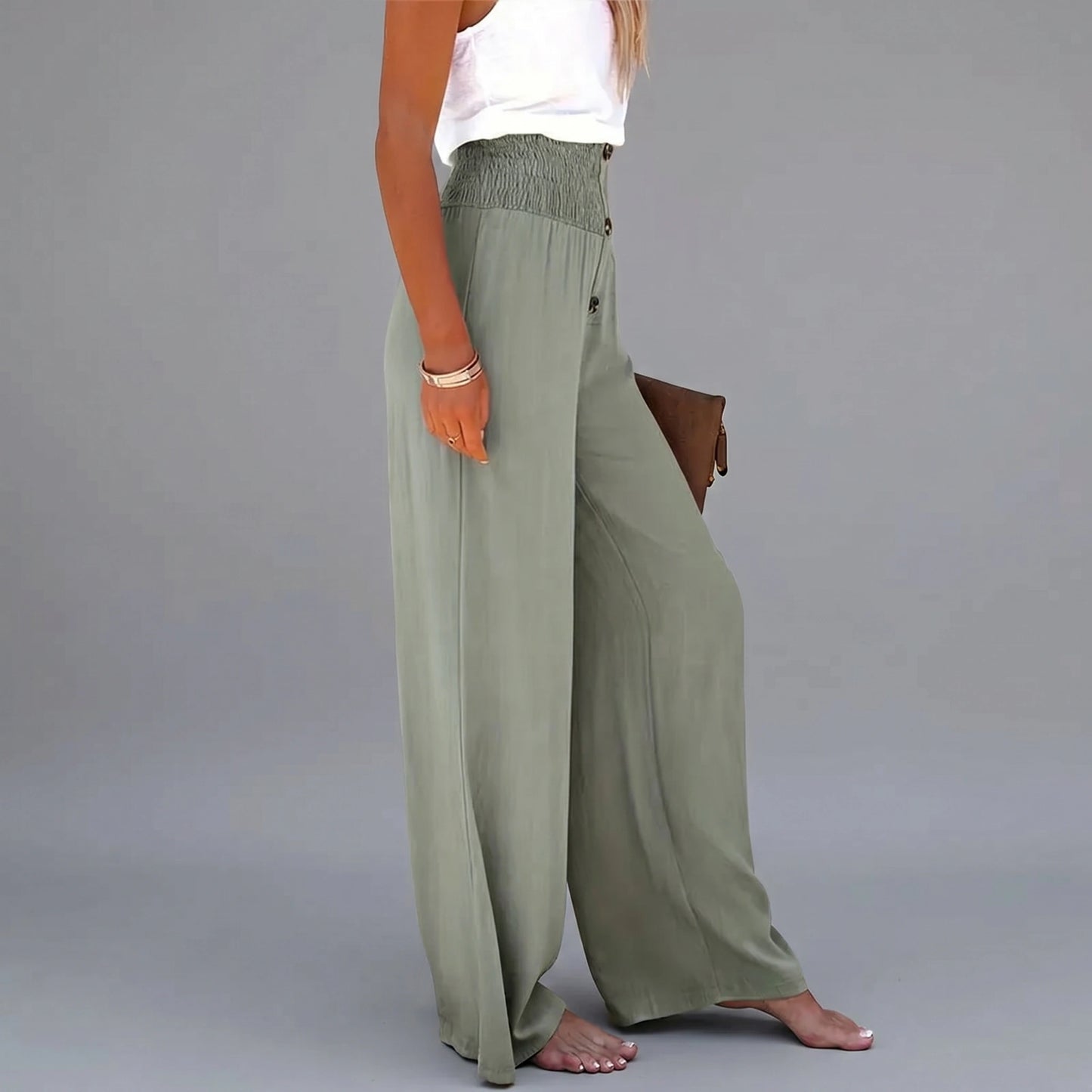 Close up view of the lightweight fabric and precise stitching of the Womens Effortless Summer Trousers, showing their quality and design.