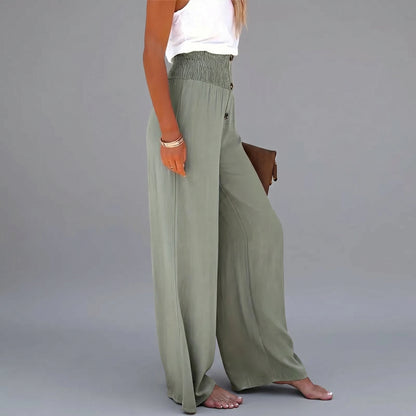 Close up view of the lightweight fabric and precise stitching of the Womens Effortless Summer Trousers, showing their quality and design.