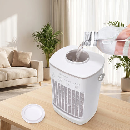 Back view of the compact portable air cooler showing its sleek design, adjustable wind speed features, and dual spray modes against a neutral background.