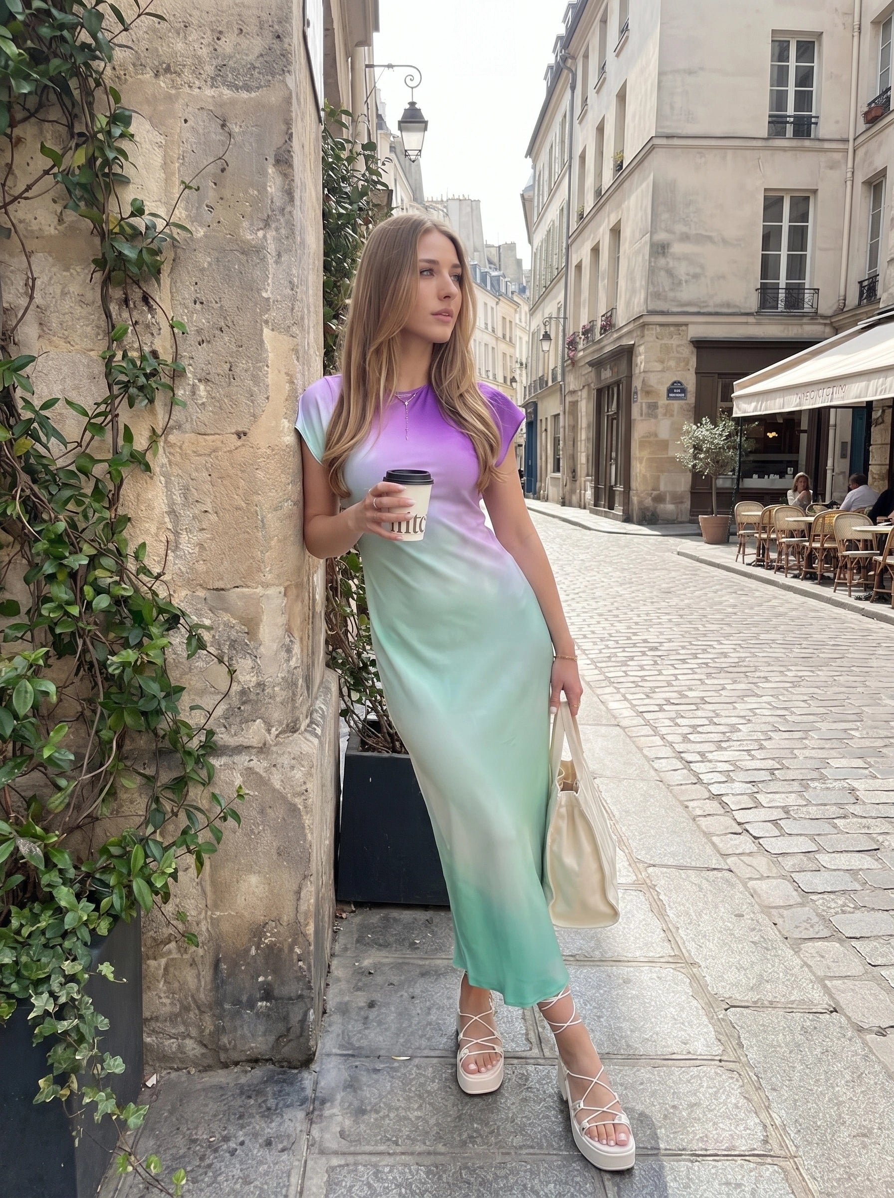 Back view of the Womens Effortless Midi Dress in a soft pastel hue, showing its silhouette and intricate construction details against a minimalistic backdrop.