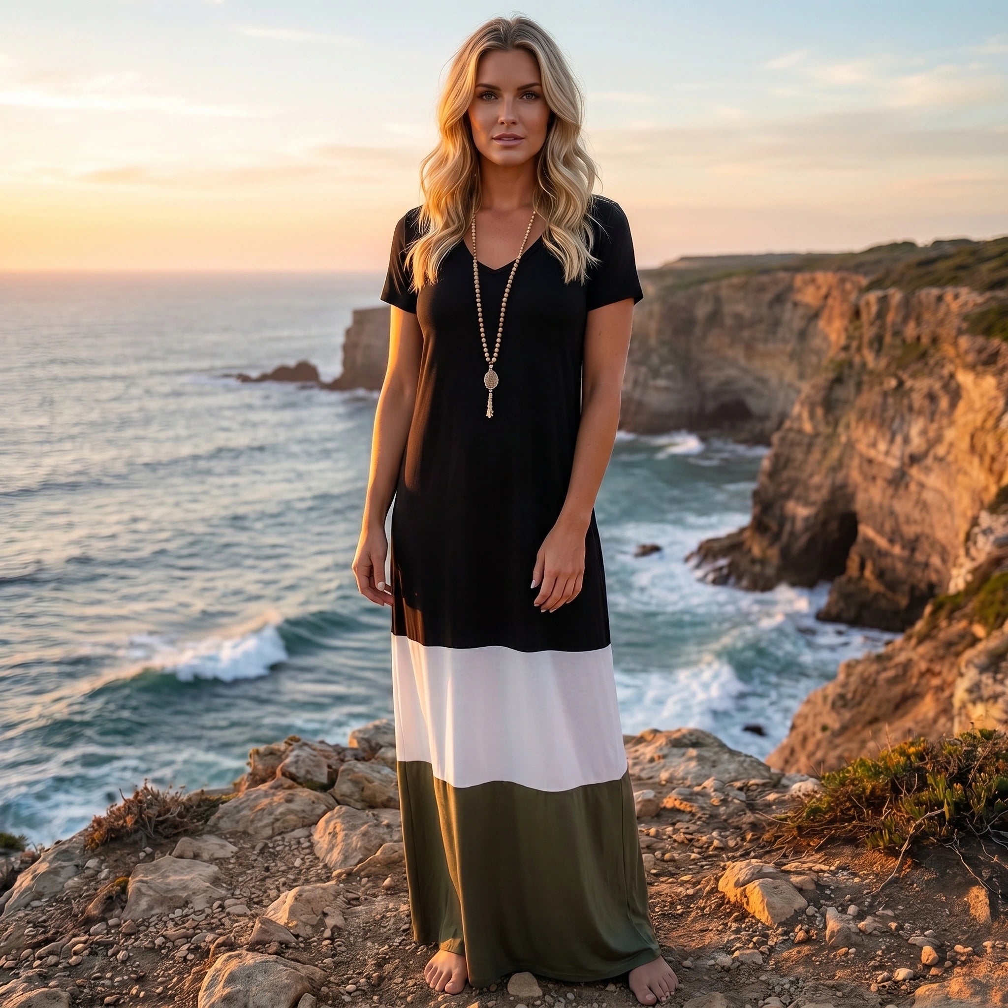 A model showcases the Womens Vibrant Flowy Maxi Dress in a colorful, showing a full front view against a minimalistic background.