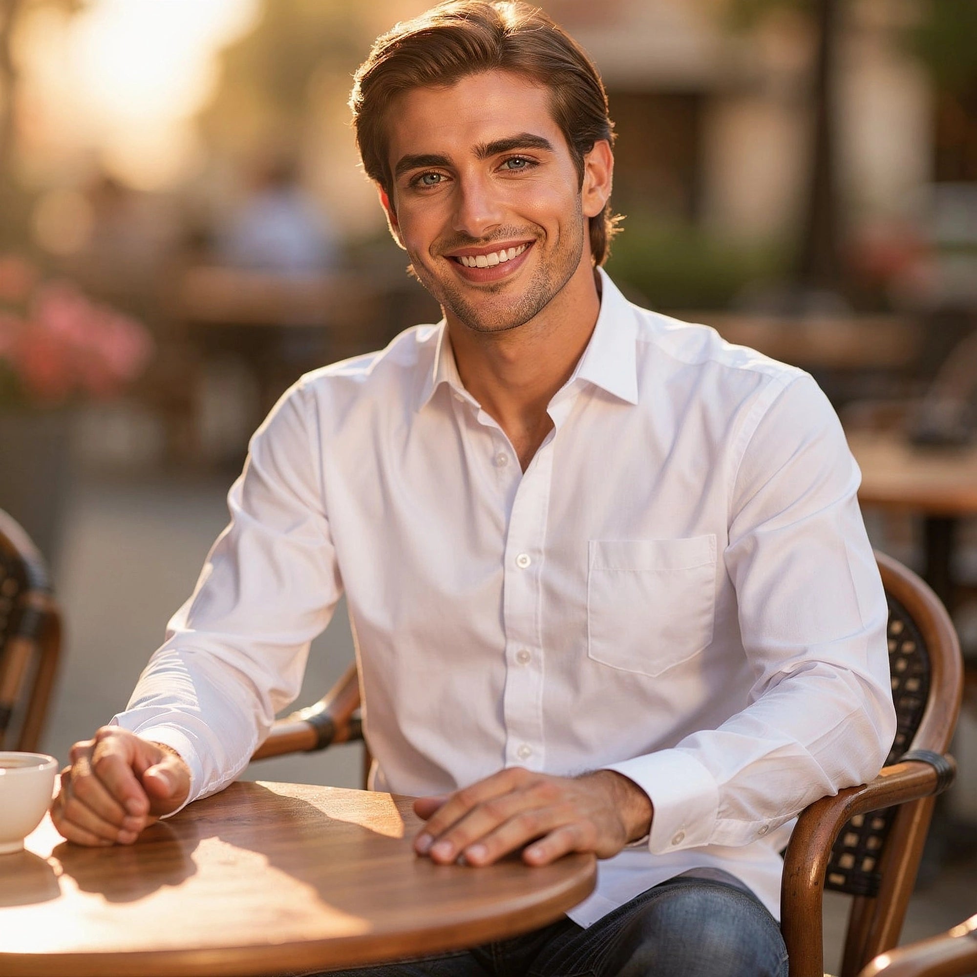 View of a tailored modern everyday shirt in light blue, featuring a crisp collar and neatly stitched seams