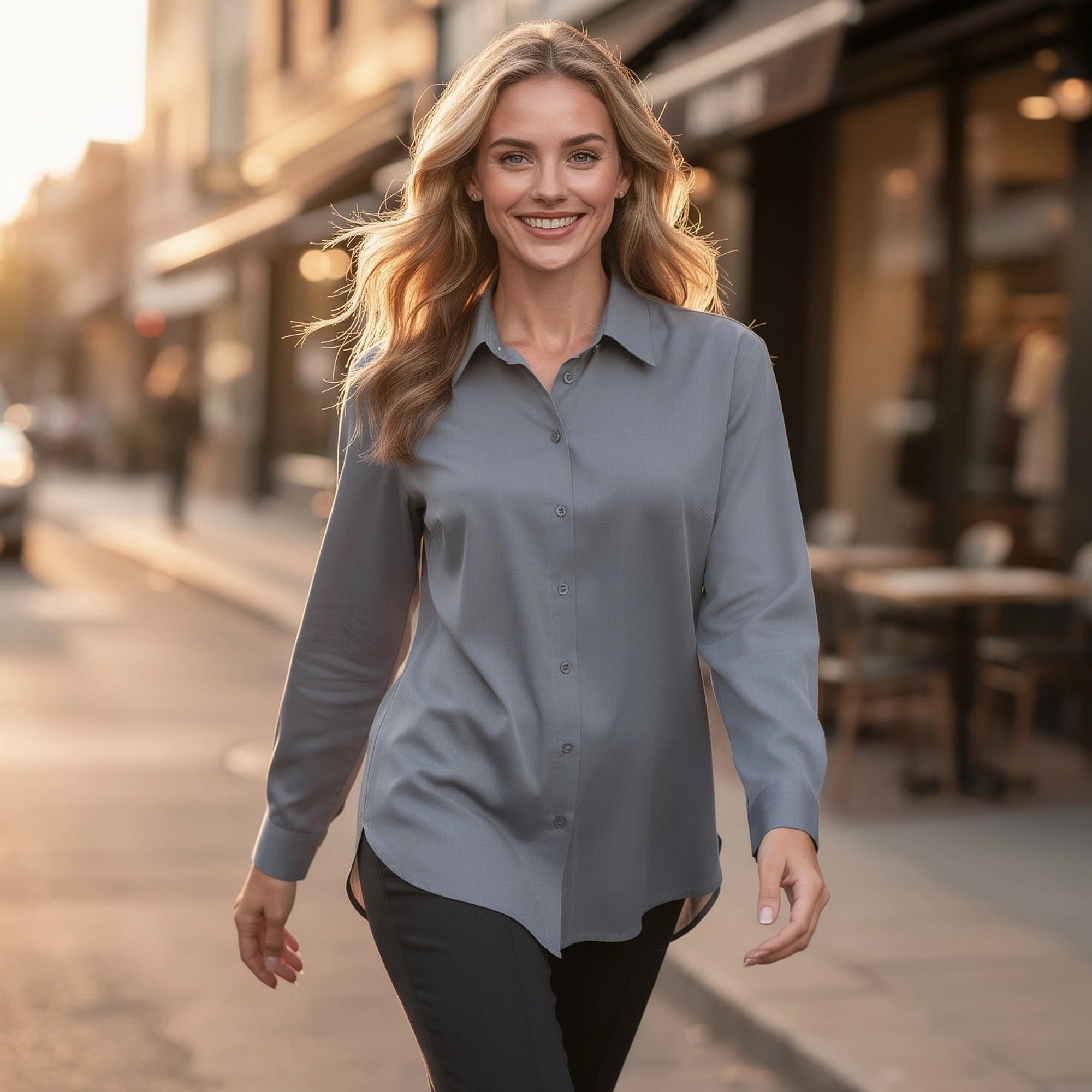 View of a relaxed top in soft cream fabric, featuring a loose fit and subtle draping