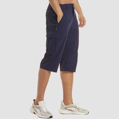 View of men's structured cargo shorts in a light khaki color, featuring multiple pockets and a relaxed fit for summer comfort