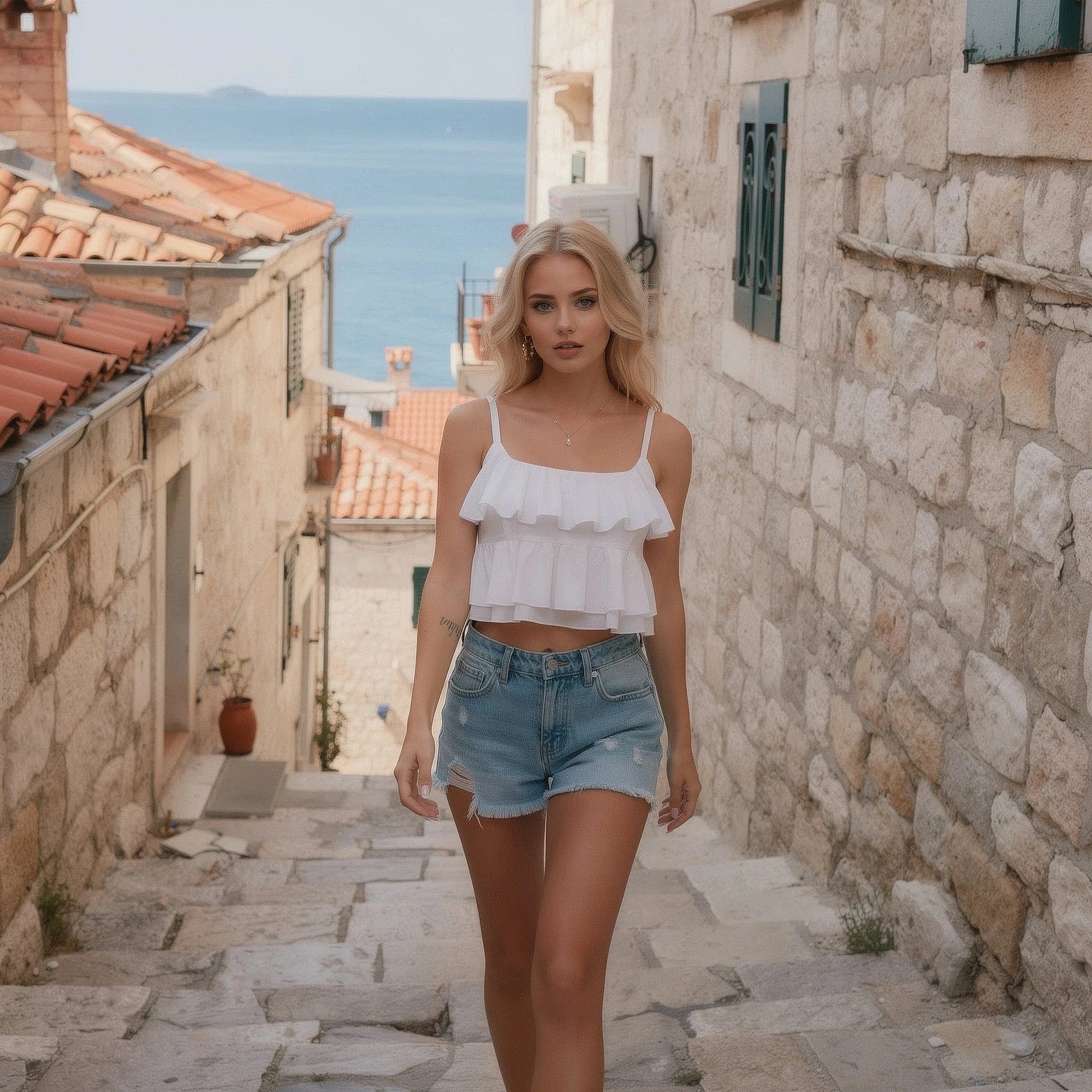 Light blue high waist denim shorts with tailored fit, featuring pockets and a frayed hem, view