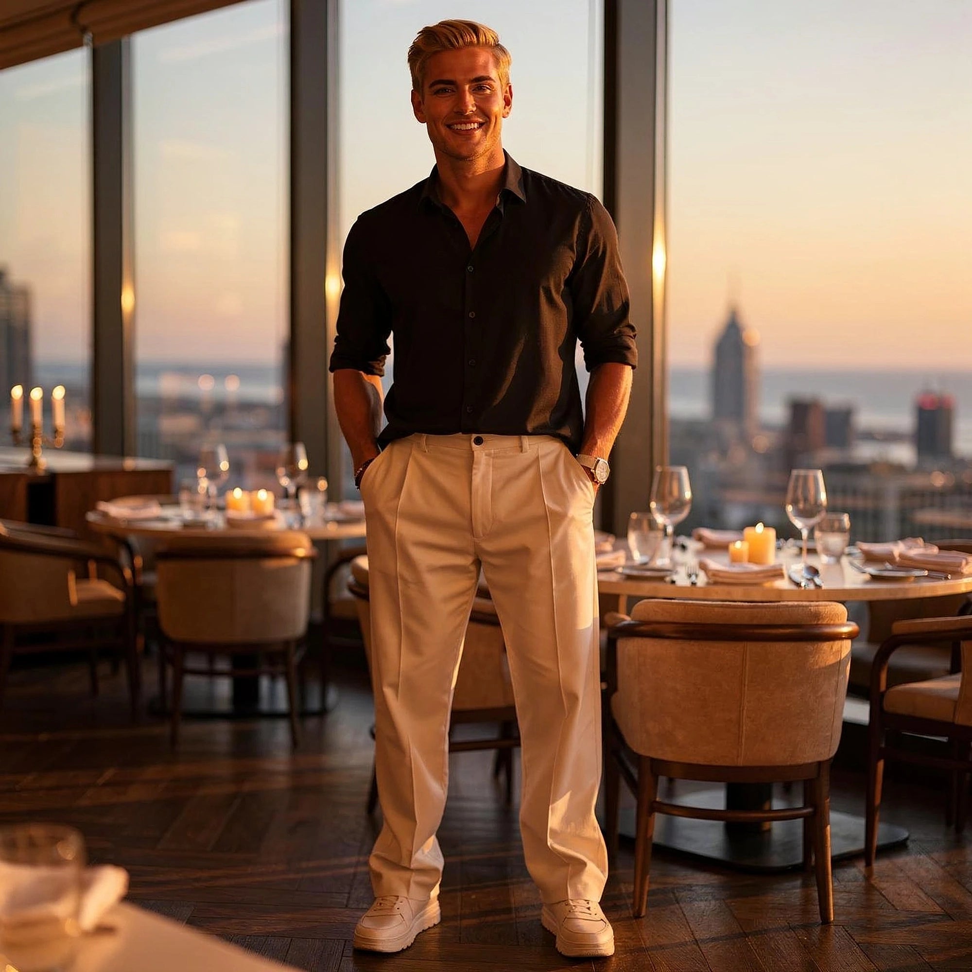 View of comfortable loose fit formal trousers in charcoal gray fabric, featuring a smooth texture and tailored waistband