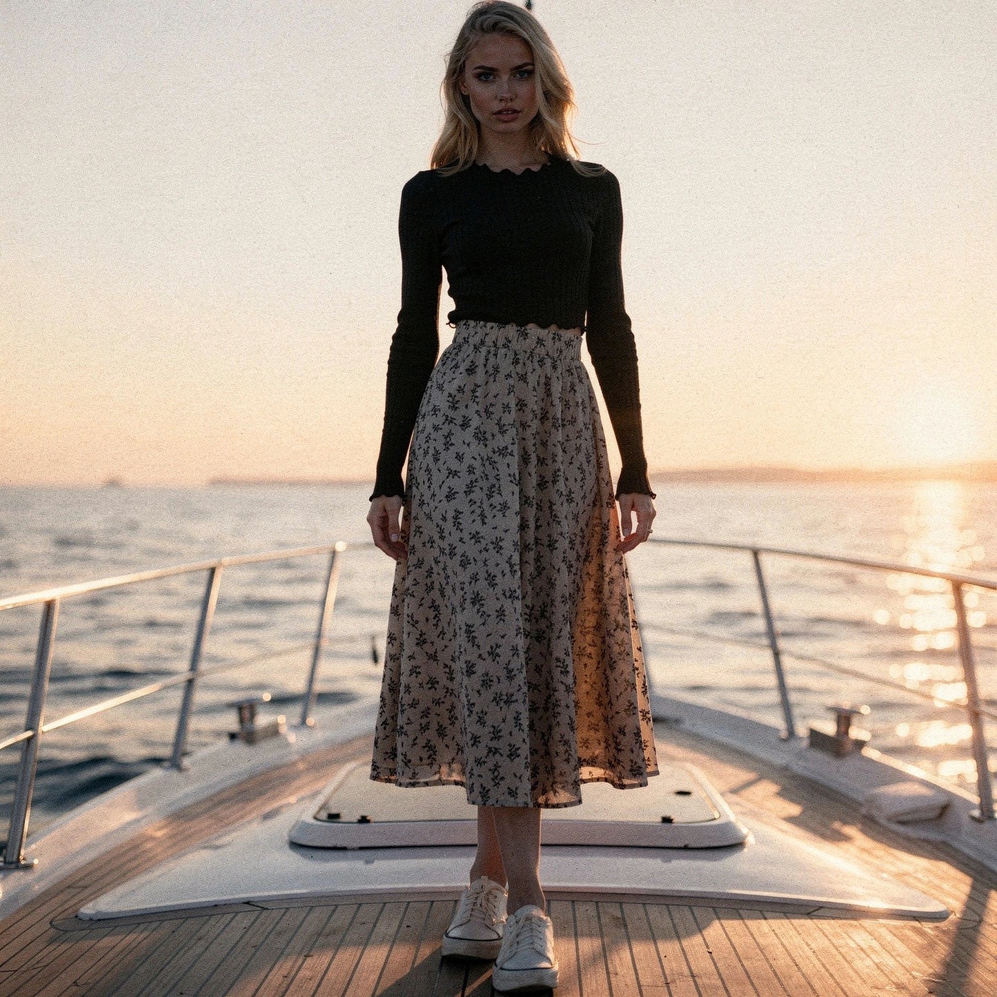 View of a flowy spring midi skirt in soft pastel colors, featuring a lightweight fabric and delicate floral patterns