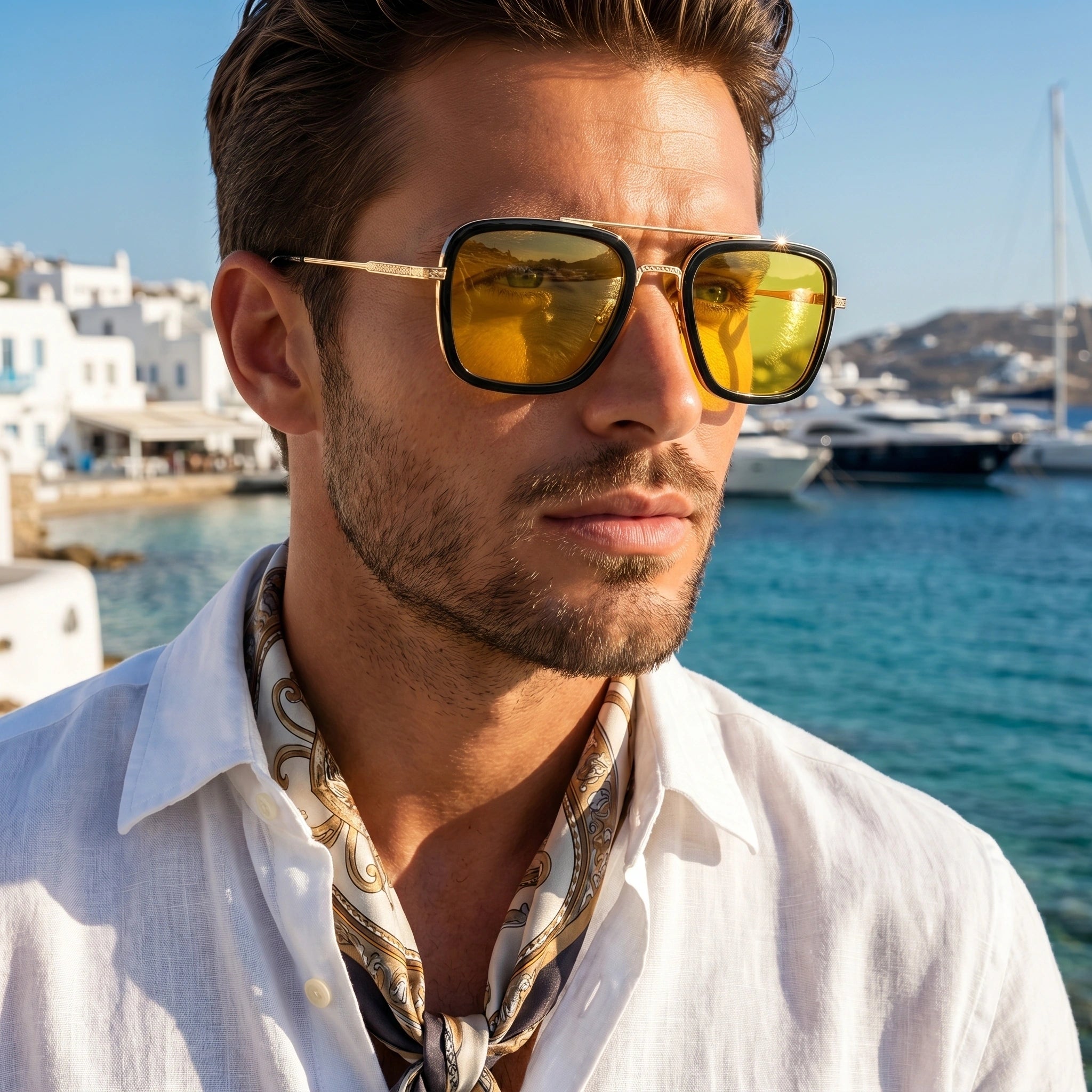 Close up view of the Mens Retro Square Sunglasses showing intricate detailing and stitching, showing their distinctive design and sophisticated appeal.