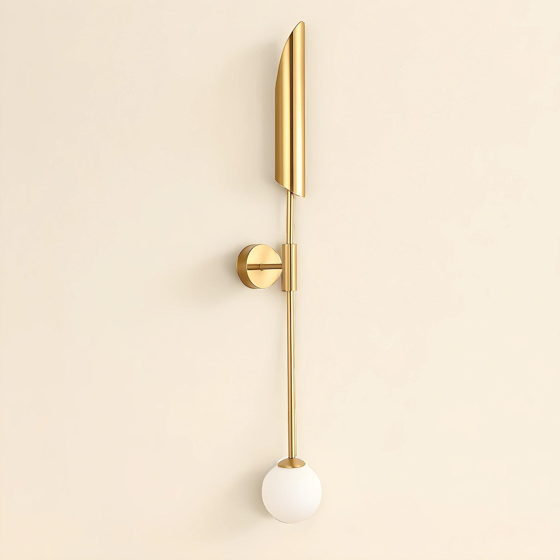 Brass wall sconce fixture with dual light design, refined Nordic style, view showcasing elegant curves and warm finish