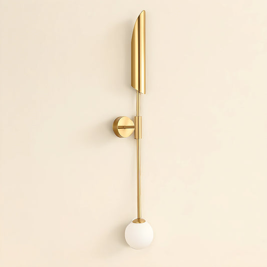 Brass wall sconce fixture with dual light design, refined Nordic style, view showcasing elegant curves and warm finish