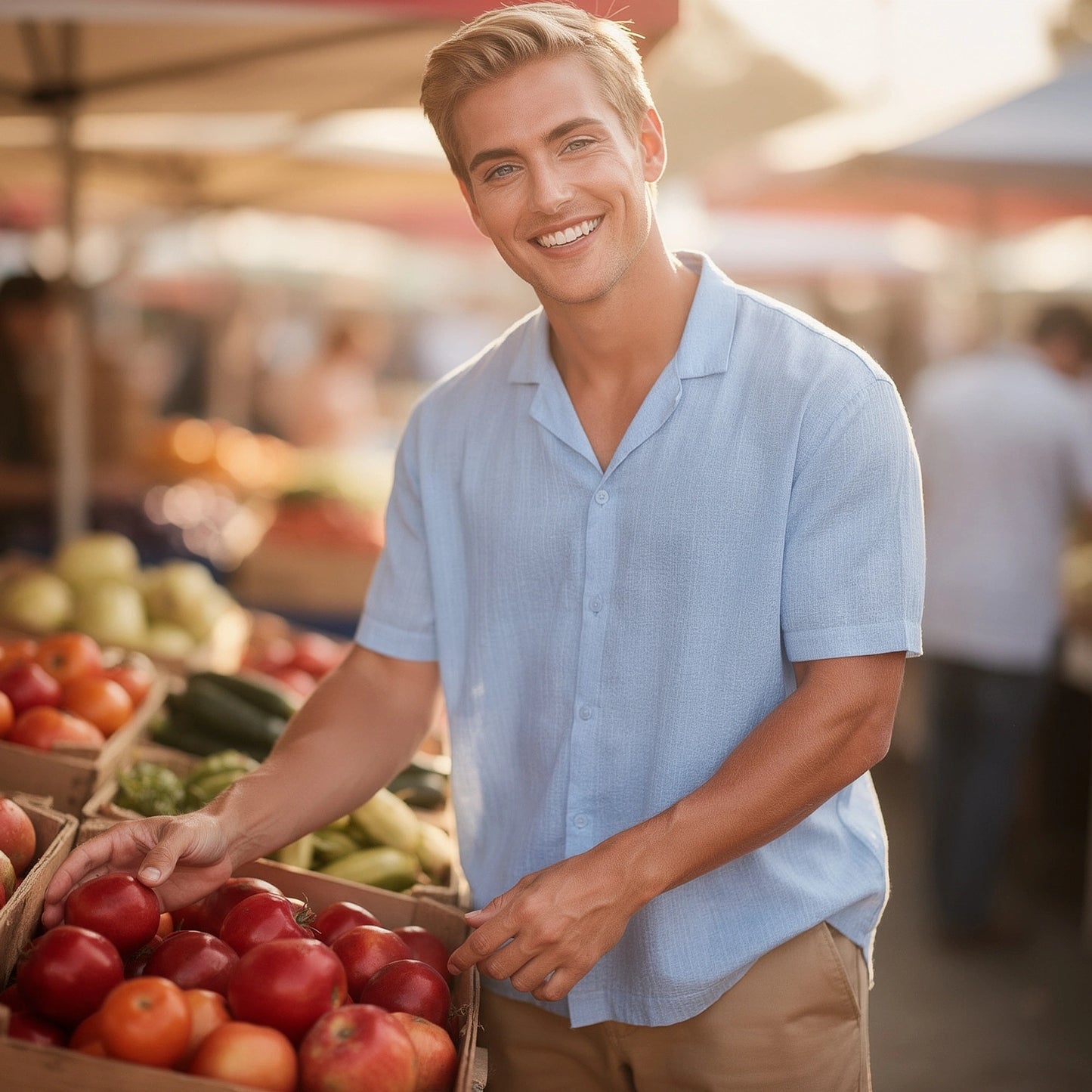 Light blue casual short sleeve button shirt made of soft cotton, featuring a relaxed fit and subtle texture, view
