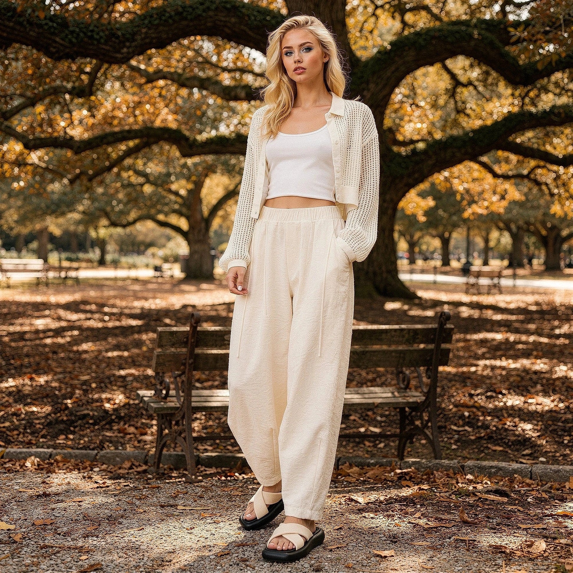 View of elegant high waisted wide leg pants in soft beige fabric, showcasing the flowing silhouette and pleated