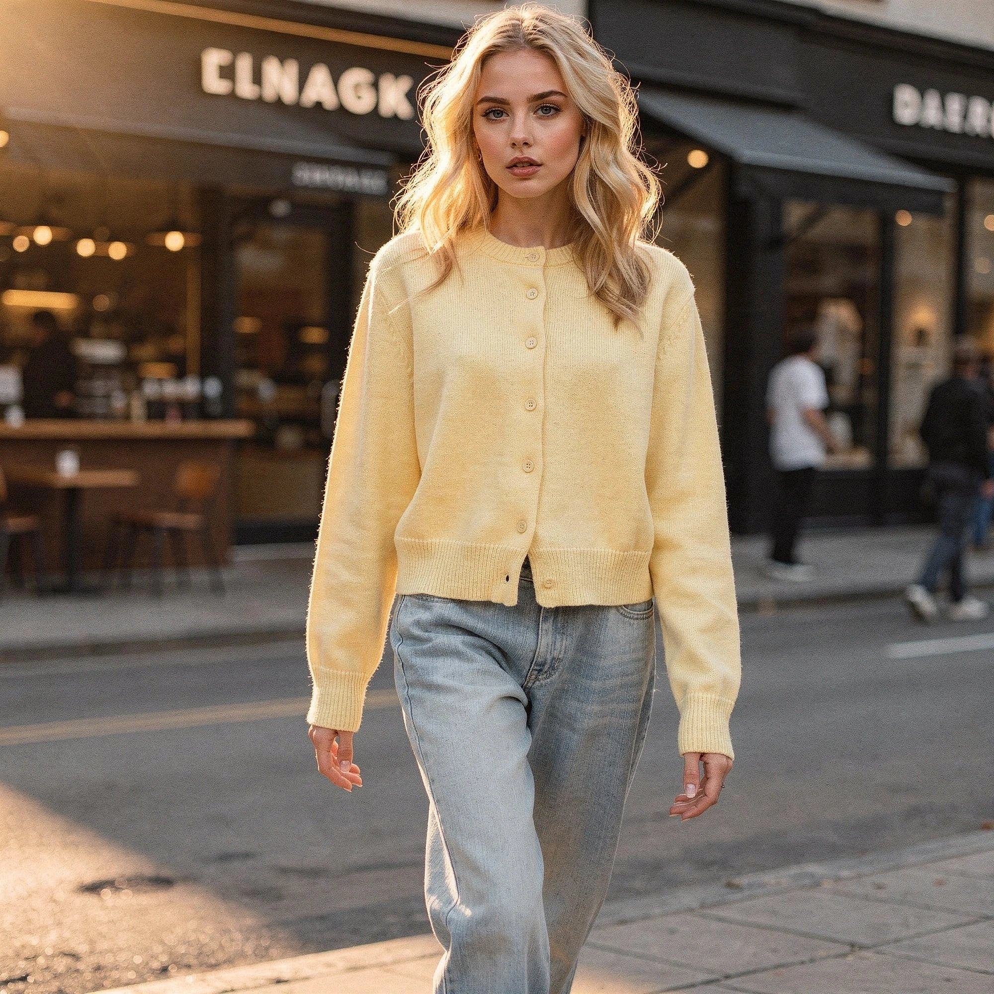 View of a modern cropped cardigan in soft gray knit, featuring a relaxed fit and open design