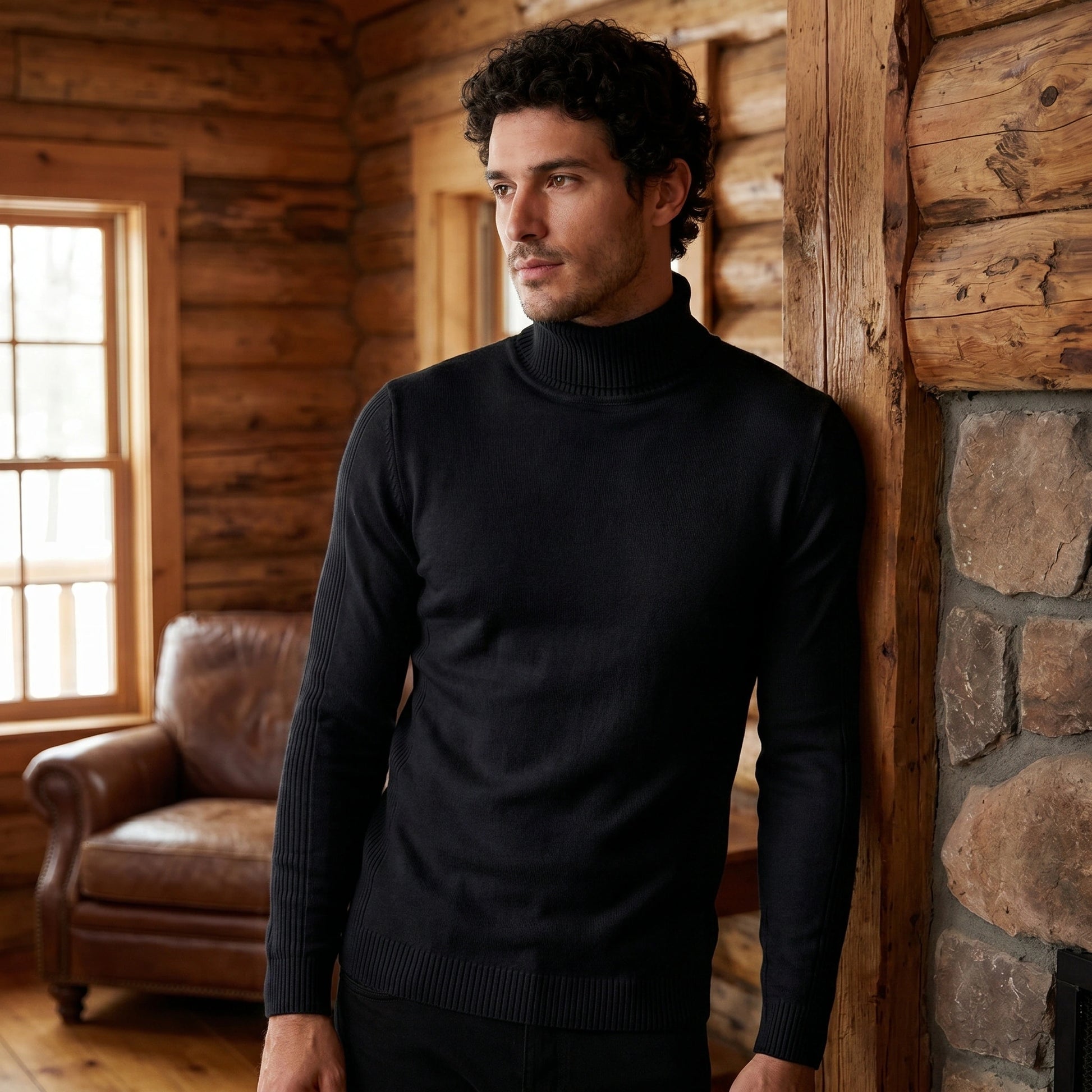 Close up of the mens fitted turtleneck sweater showing the fine stitching and soft fabric texture, emphasizing its design for colder weather.