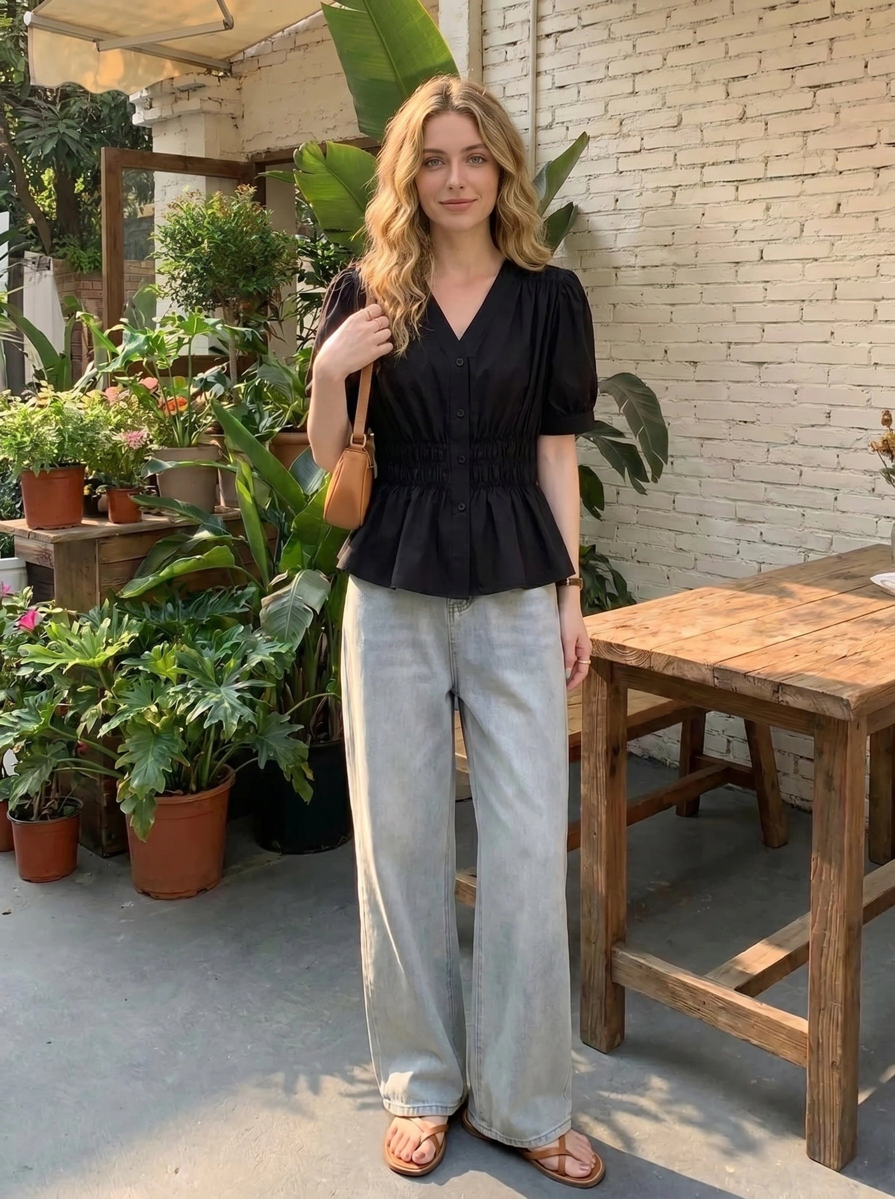 Model showcases the Womens Minimalist Summer Top in a soft pastel color, styled with high waisted trousers against a light, neutral background.