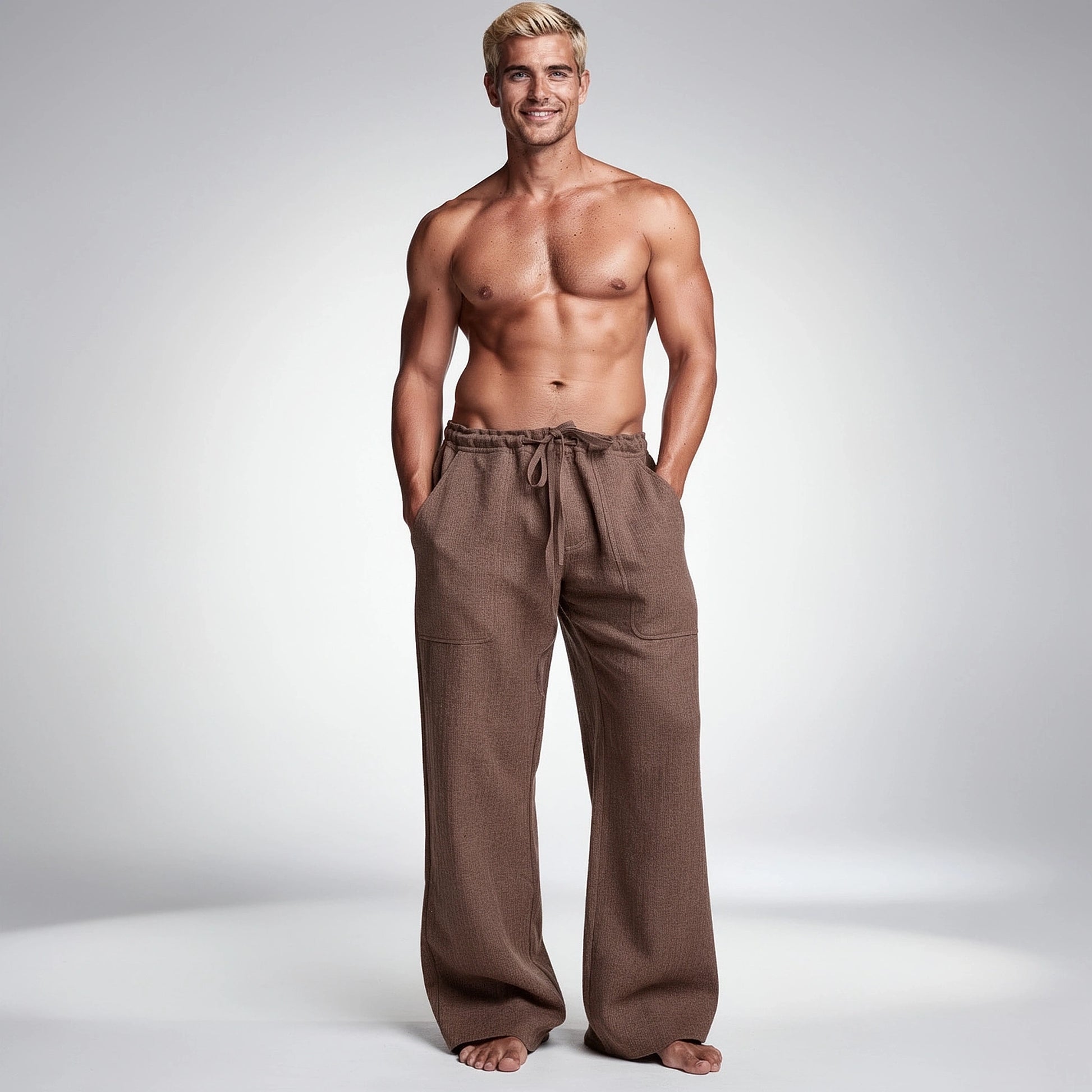 View of wide loose relaxed fit trousers in light beige fabric, featuring a comfortable waistband and pockets