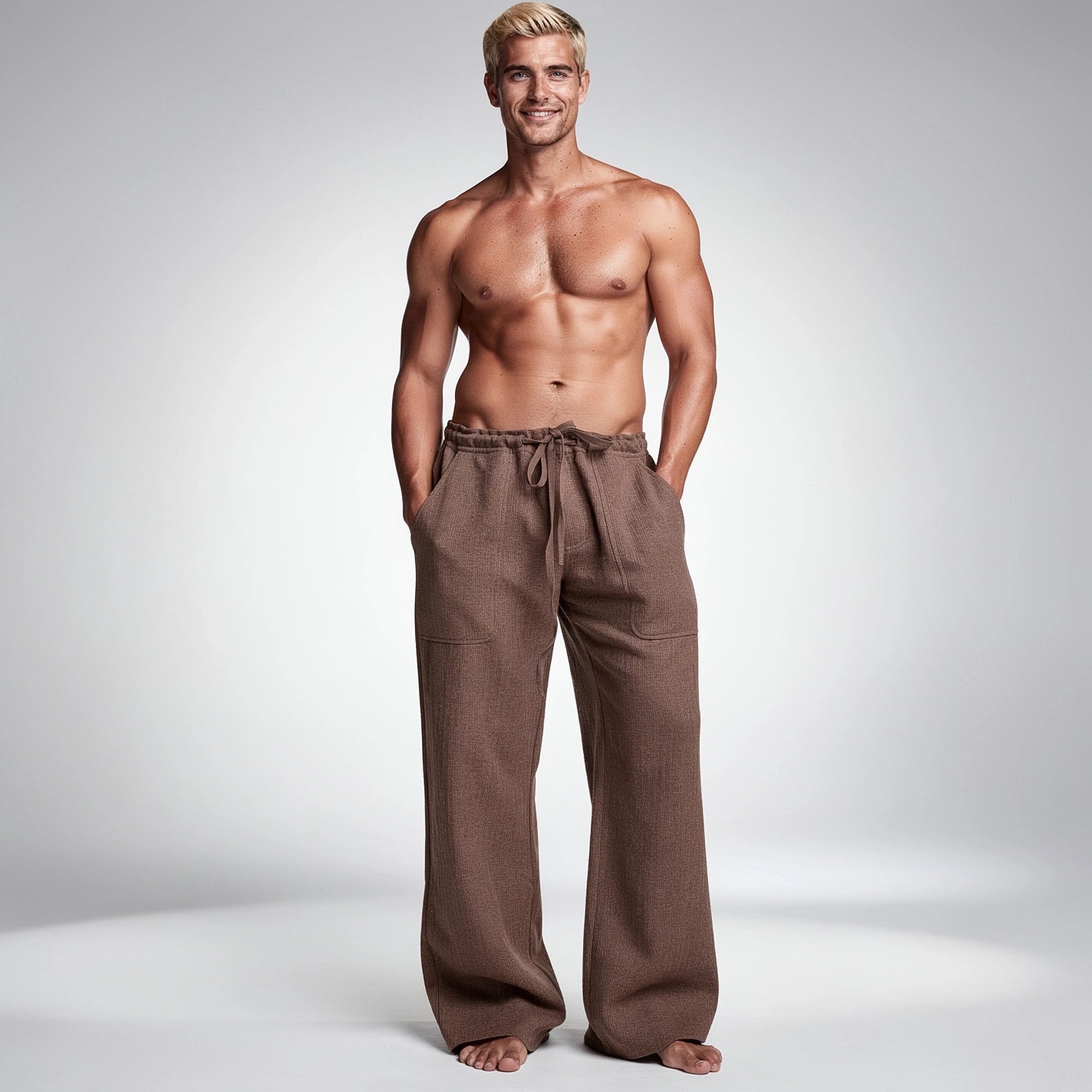 View of wide loose relaxed fit trousers in light beige fabric, featuring a comfortable waistband and pockets