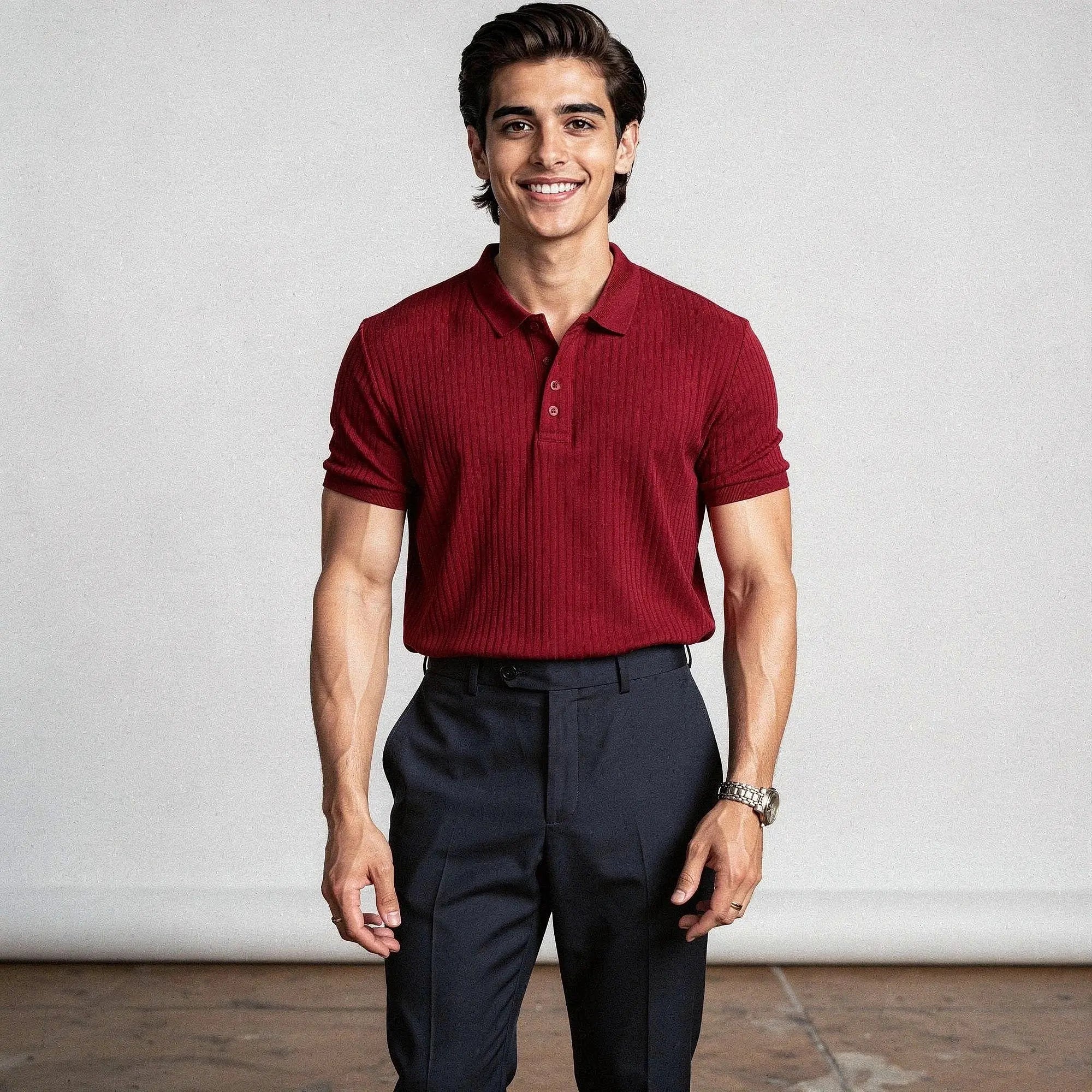 View of a slim fit short sleeve polo t shirt in light blue, made of breathable cotton for summer wear