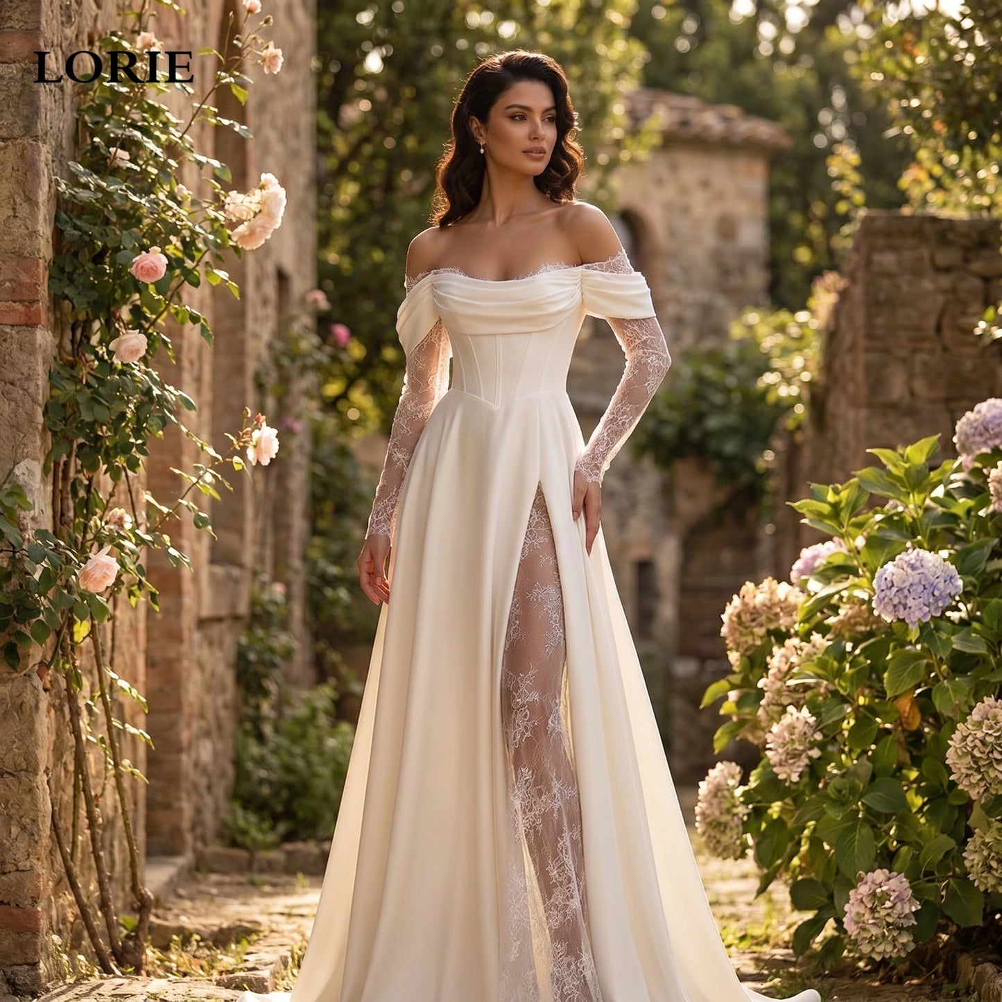 A model showcases the Womens Understated Wedding Dress in a soft ivory hue, showing delicate lace detailing and a flowing silhouette against a neutral background.