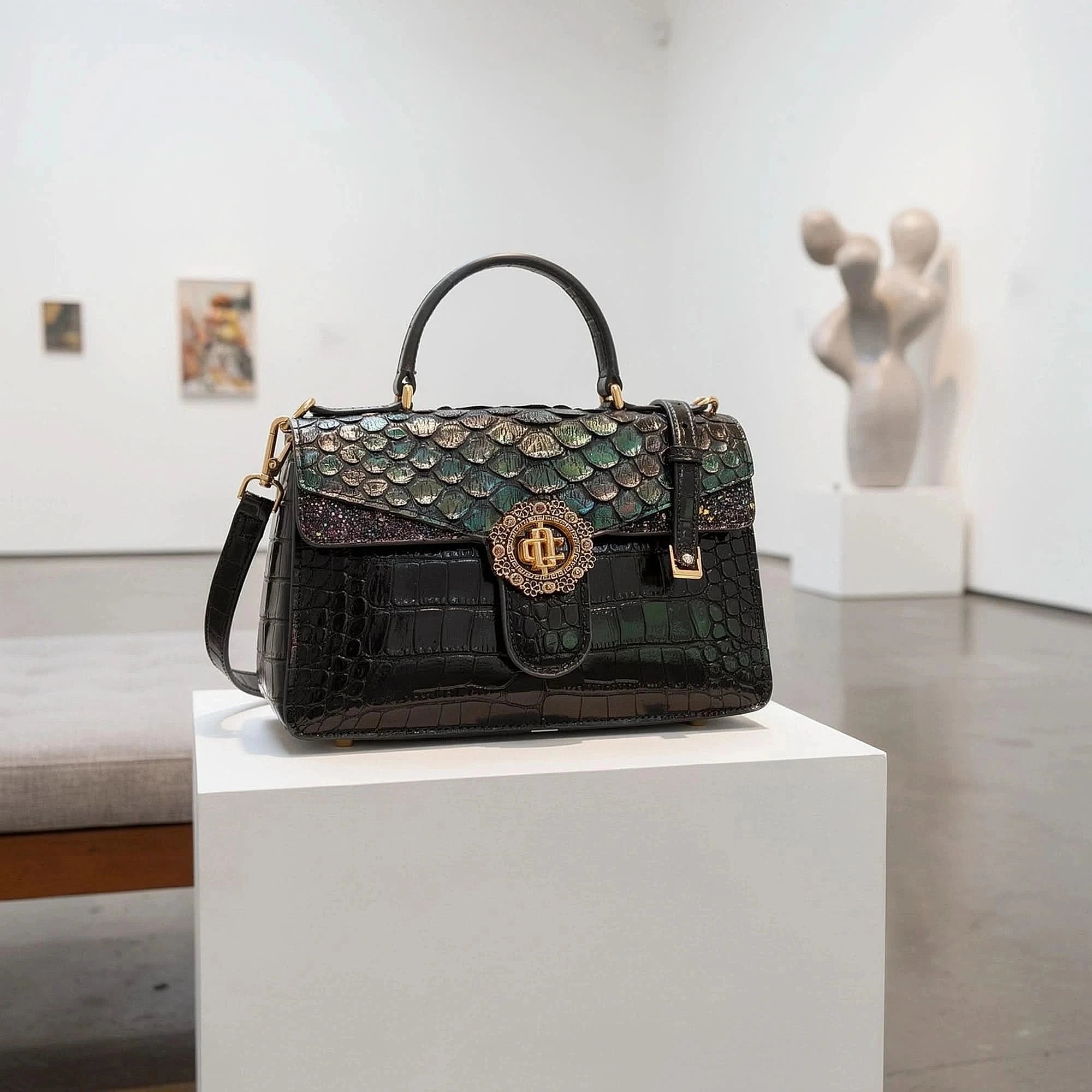 View of an elegant cowhide handbag for women, featuring a rich brown color and sleek design with a top handle