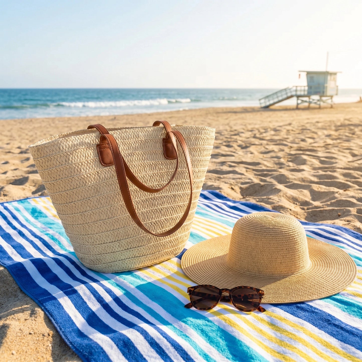 Close up of the Womens Woven Summer Tote showing intricate stitching and textured fabric, showing its design perfect for beach outings and everyday use.
