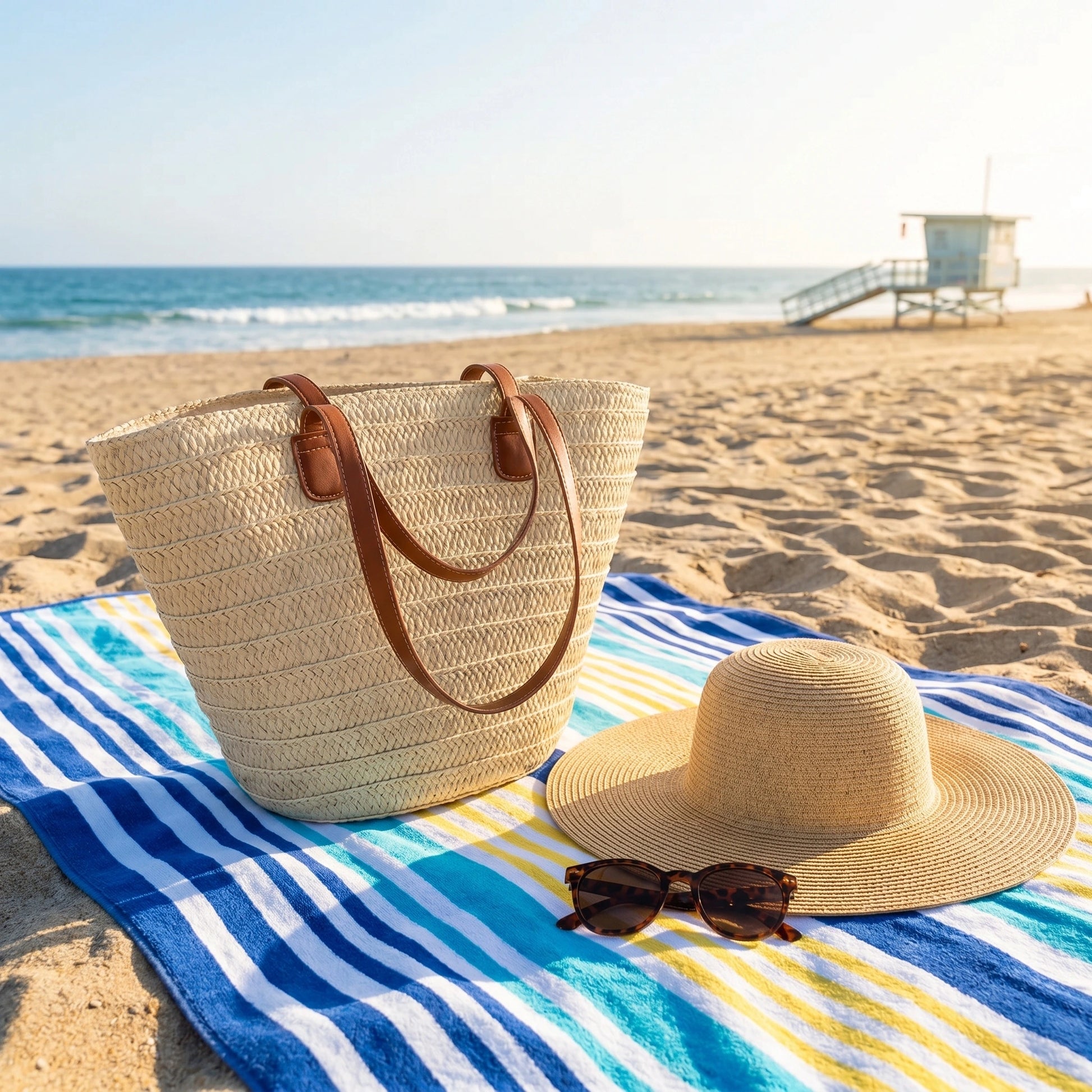Close up of the Womens Woven Summer Tote showing intricate stitching and textured fabric, showing its design perfect for beach outings and everyday use.