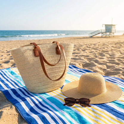 Close up of the Womens Woven Summer Tote showing intricate stitching and textured fabric, showing its design perfect for beach outings and everyday use.