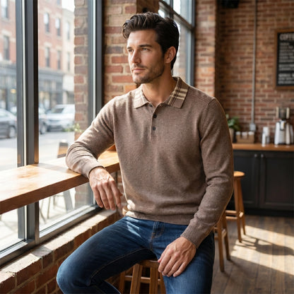 Back view of a model wearing a navy Mens Classic Button Polo Sweater, showing its fine knit texture and tailored fit against a neutral background.