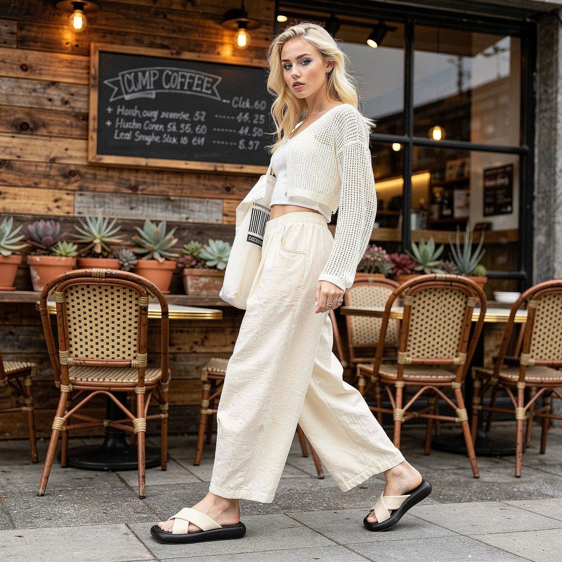 View of elegant high waisted wide leg pants in soft fabric, featuring a smooth waistband and flowing silhouette