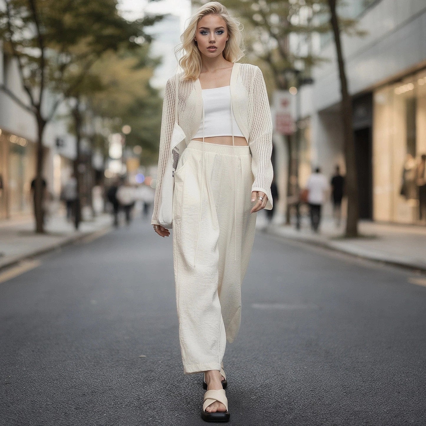 View of elegant high waisted wide leg pants in soft fabric, featuring a smooth waistband and flowing silhouette