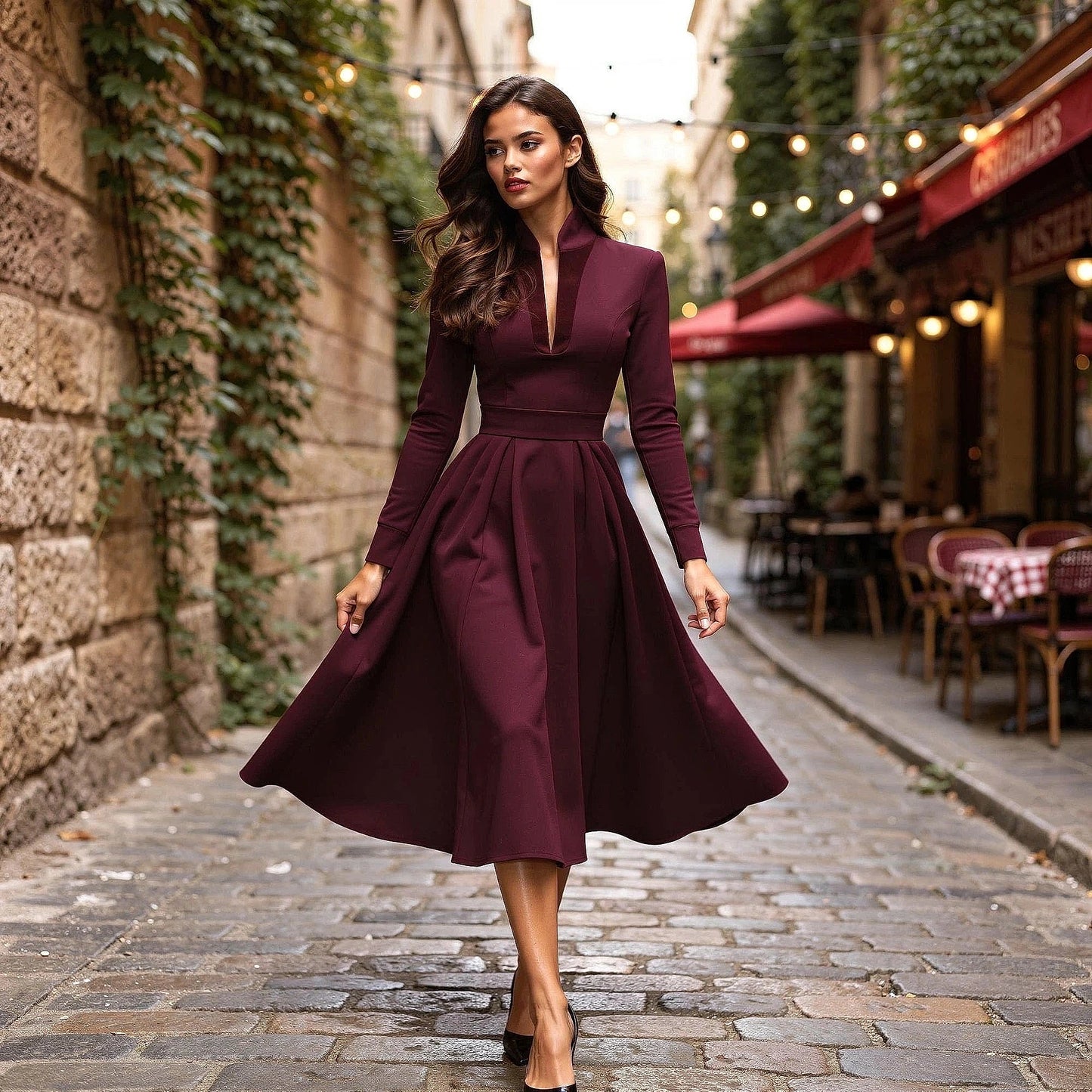 Elegant navy blue midi dress with a V neckline and flowing skirt, view showcasing its sophisticated silhouette