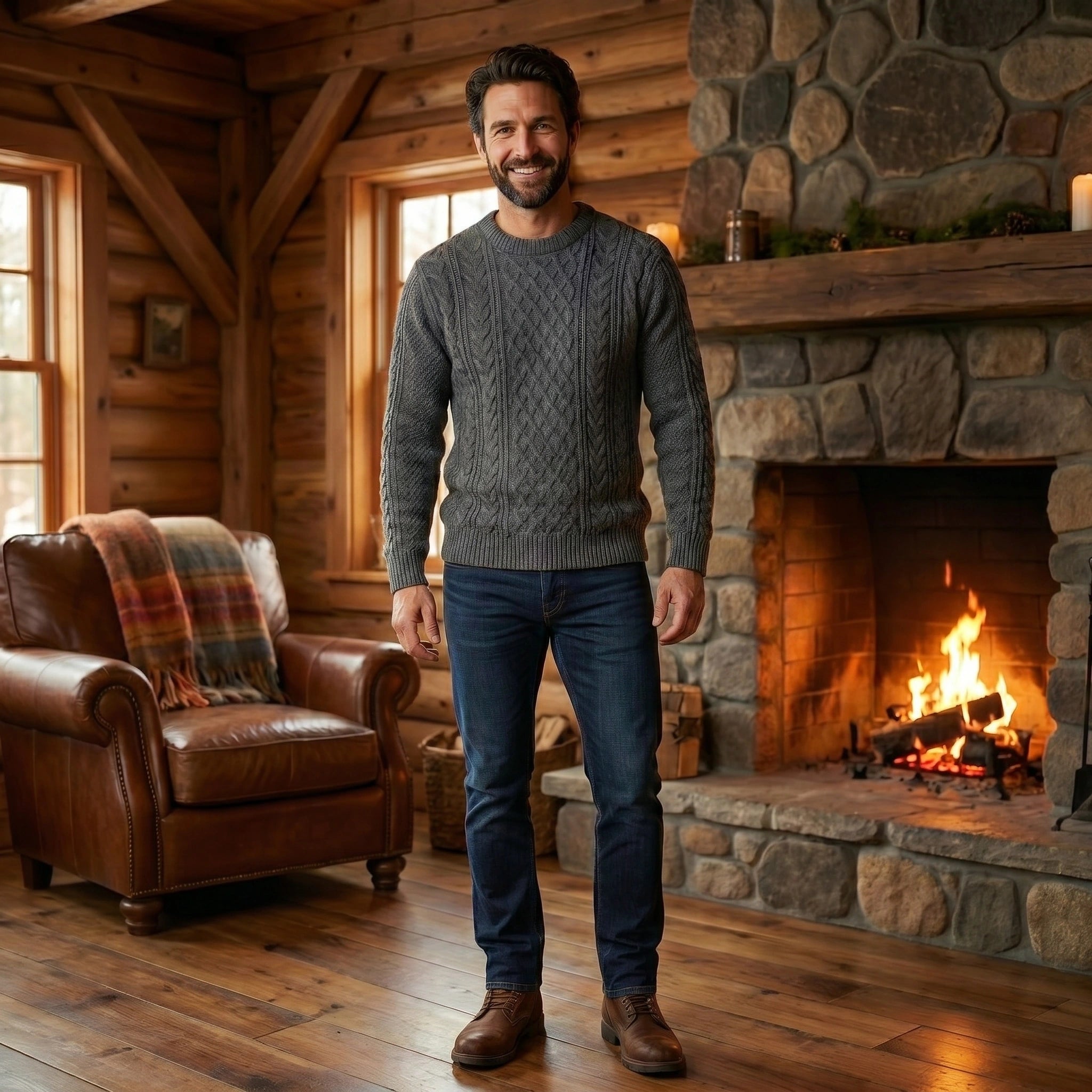 Front view of a model wearing a mens cozy cable knit sweater in a rich navy color, styled with high waisted trousers against a neutral background.
