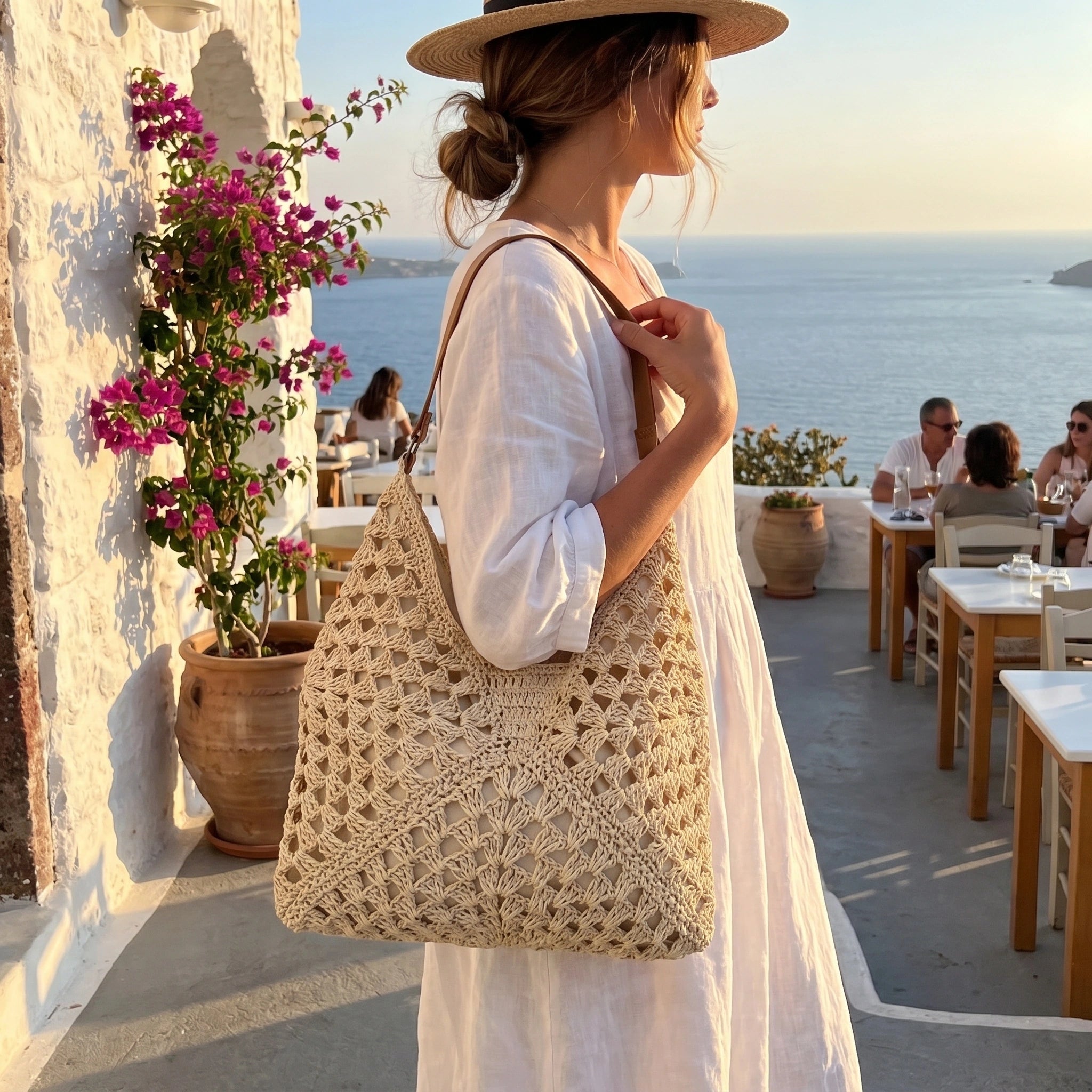 Close up of the Womens Woven Summer Bag showing intricate woven fabric and detailed stitching, perfect for enhancing summer outfits with elegance.