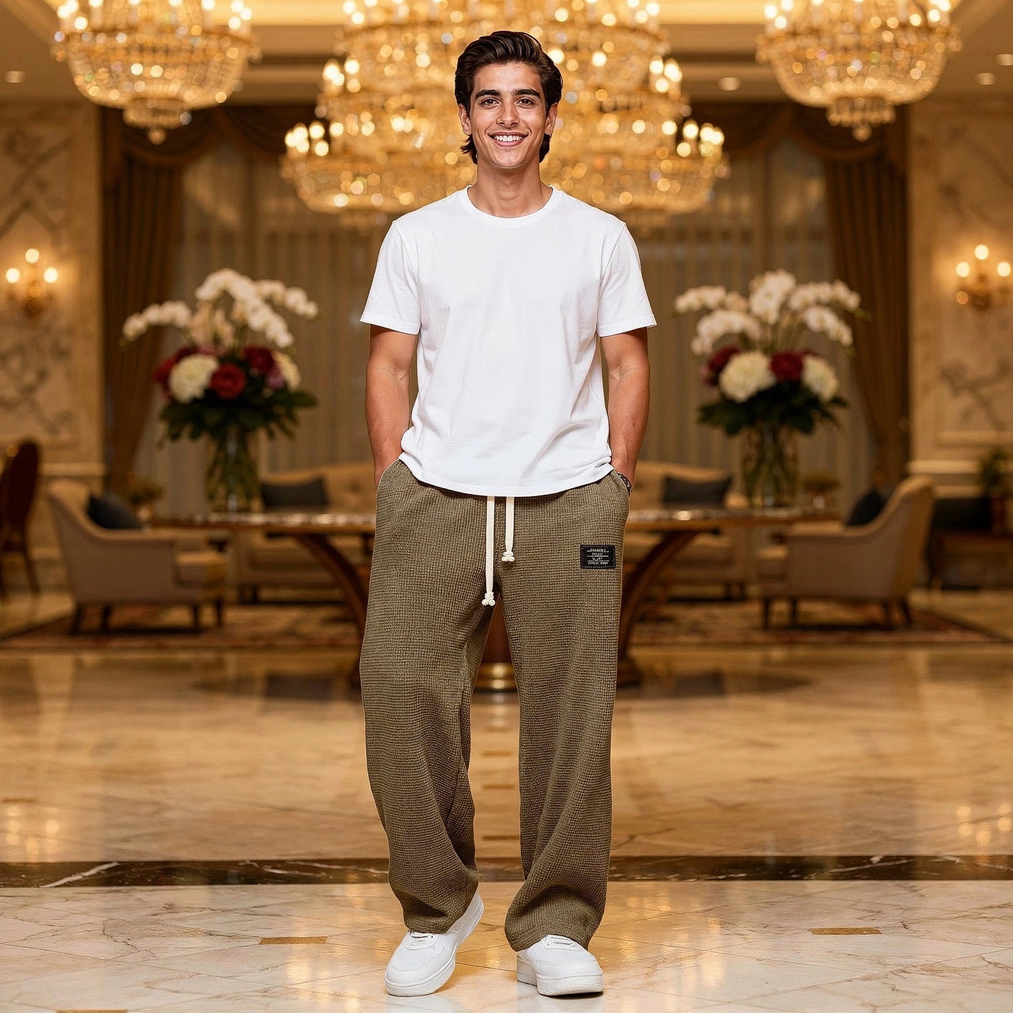 Light gray relaxed fit drawstring pants made of soft cotton, featuring an elastic waistband and pockets, detailed view
