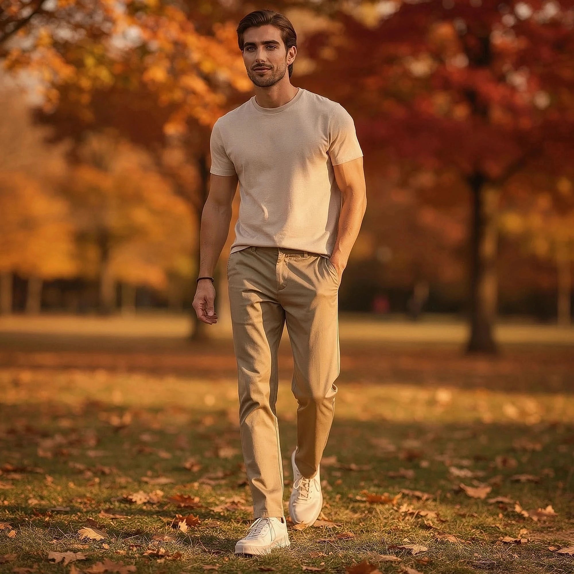 View of slim fit casual cotton pants in light gray, featuring a smooth texture and a tailored silhouette