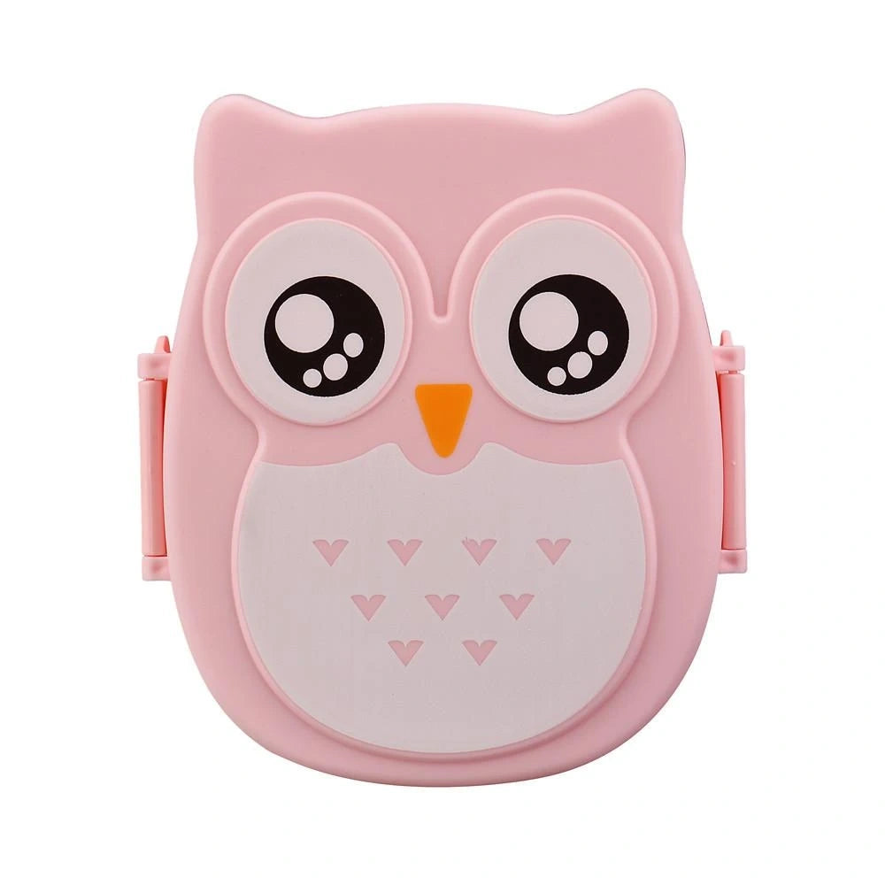 Colorful plastic lunch box for kids featuring playful owl design, sturdy construction, and easy to open lid, view