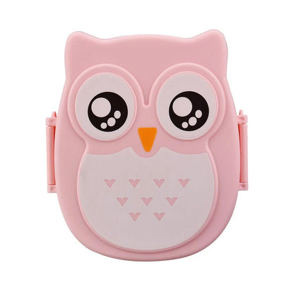 Colorful plastic lunch box for kids featuring playful owl design, sturdy construction, and easy to open lid, view