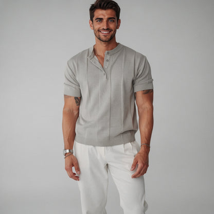 View of a relaxed fit men's summer tee in light gray, made