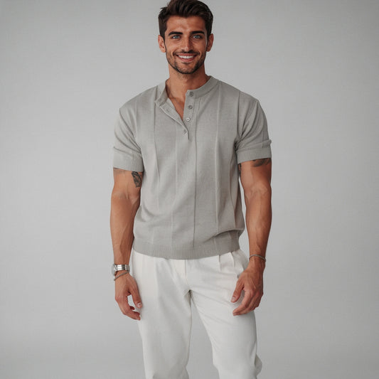 View of a relaxed fit men's summer tee in light gray, made