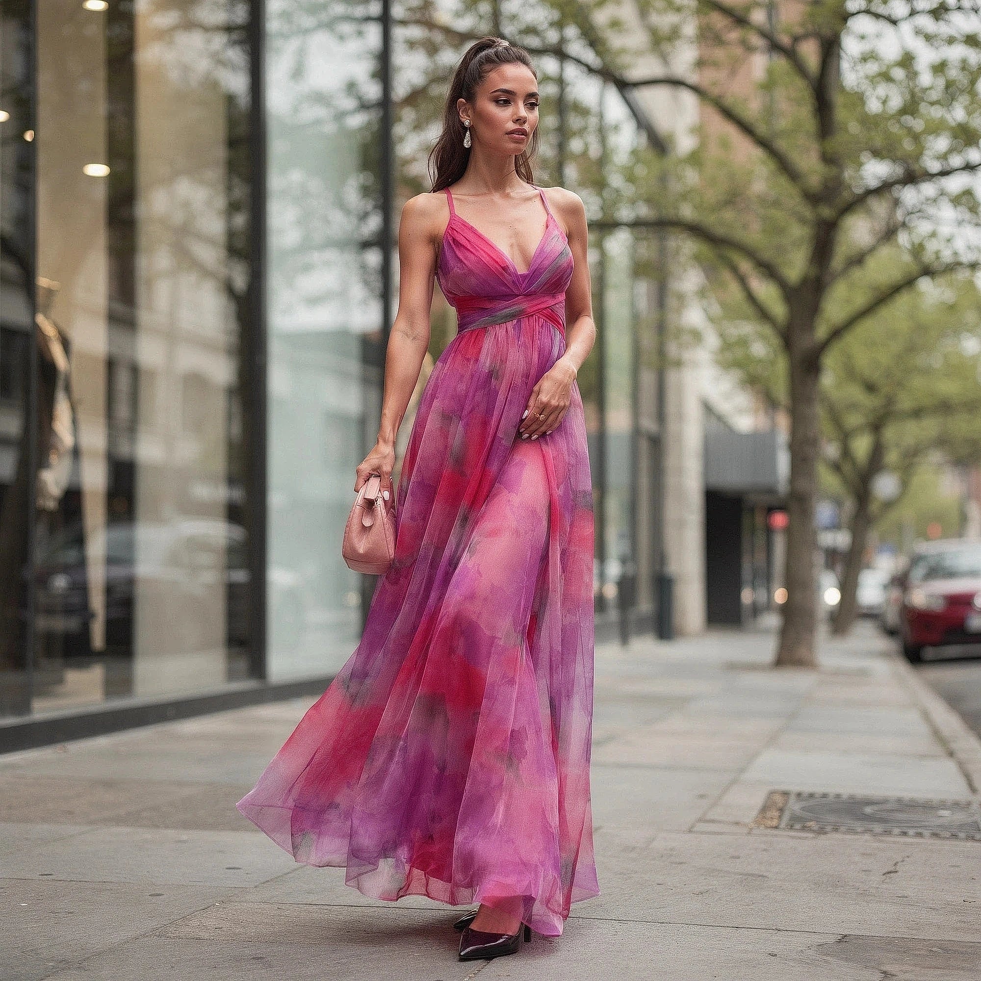 View of a relaxed floral maxi dress featuring adjustable straps, with a vibrant floral pattern on a soft fabric