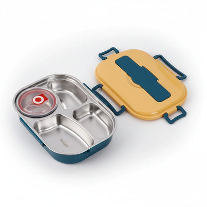 View of a contemporary stainless steel bento lunch box featuring a sleek design and secure lid for on the go meals