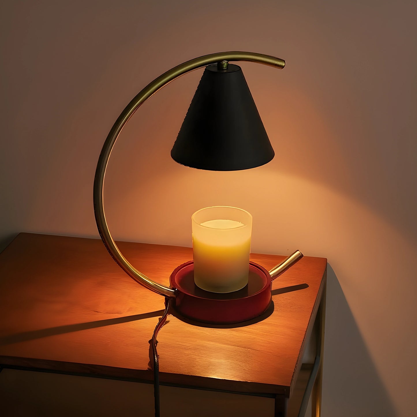 View of a sculptural dimmable candle warmer table lamp featuring a textured ceramic base in soft beige and a warm white shade