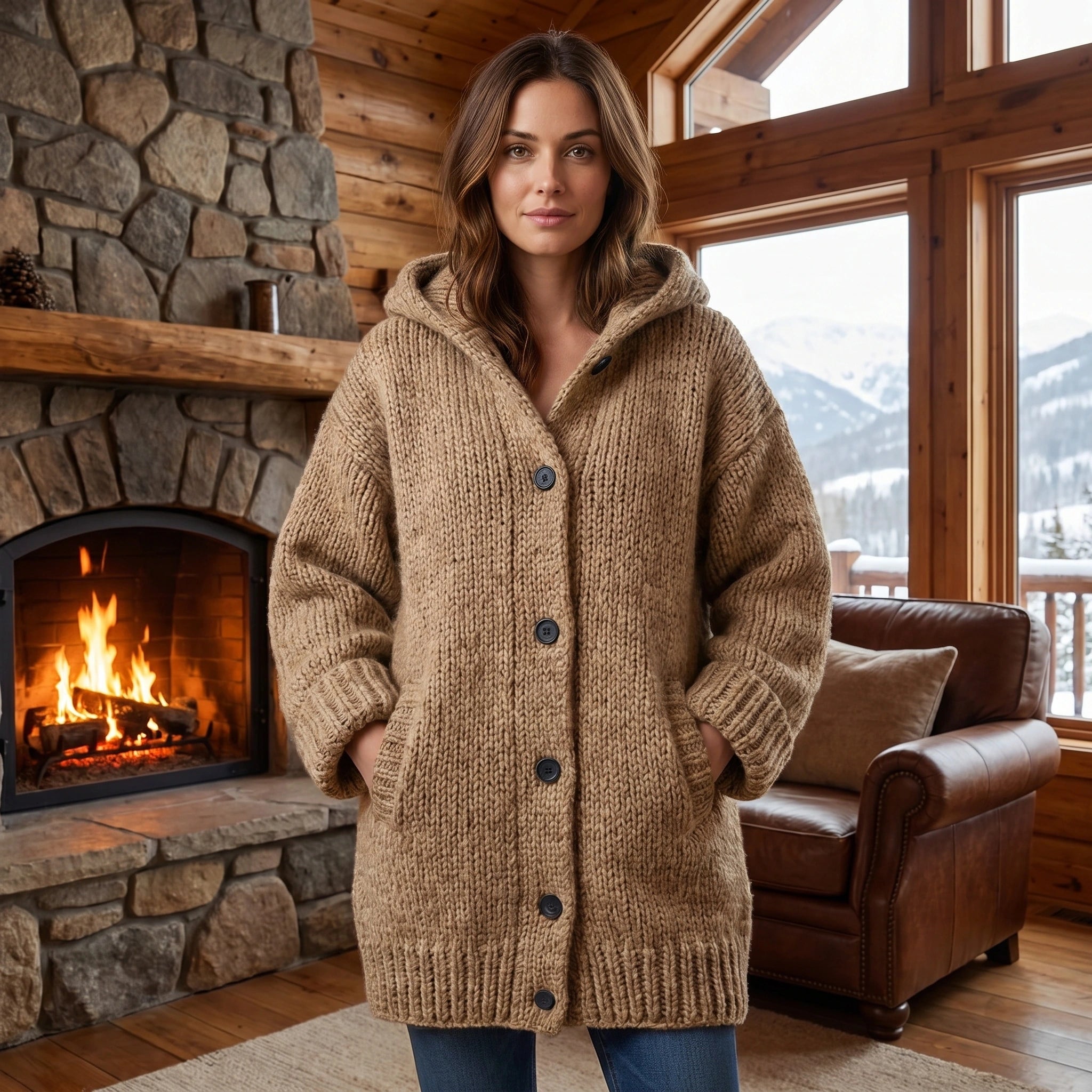 Close up view of the women's cozy oversized winter cardigan jacket showing the soft fabric texture and intricate stitching details, perfect for effortless layering.