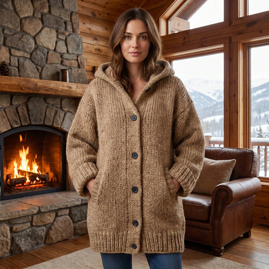 Close up view of the women's cozy oversized winter cardigan jacket showing the soft fabric texture and intricate stitching details, perfect for effortless layering.