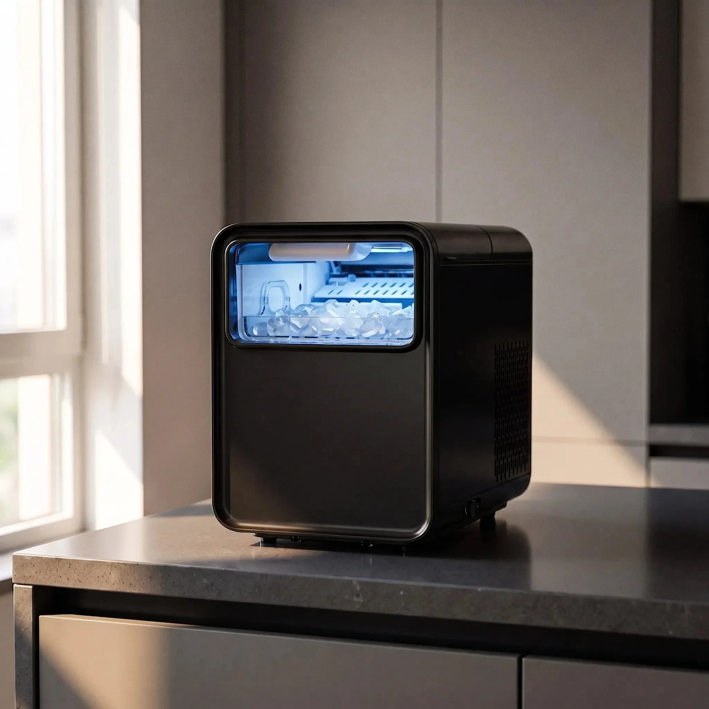 A compact and modern ice maker featuring a clear panel, control buttons, and a spacious ice storage compartment