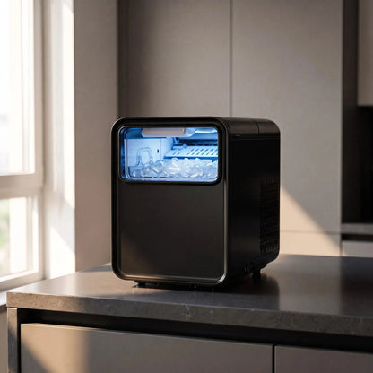 A compact and modern ice maker featuring a clear panel, control buttons, and a spacious ice storage compartment
