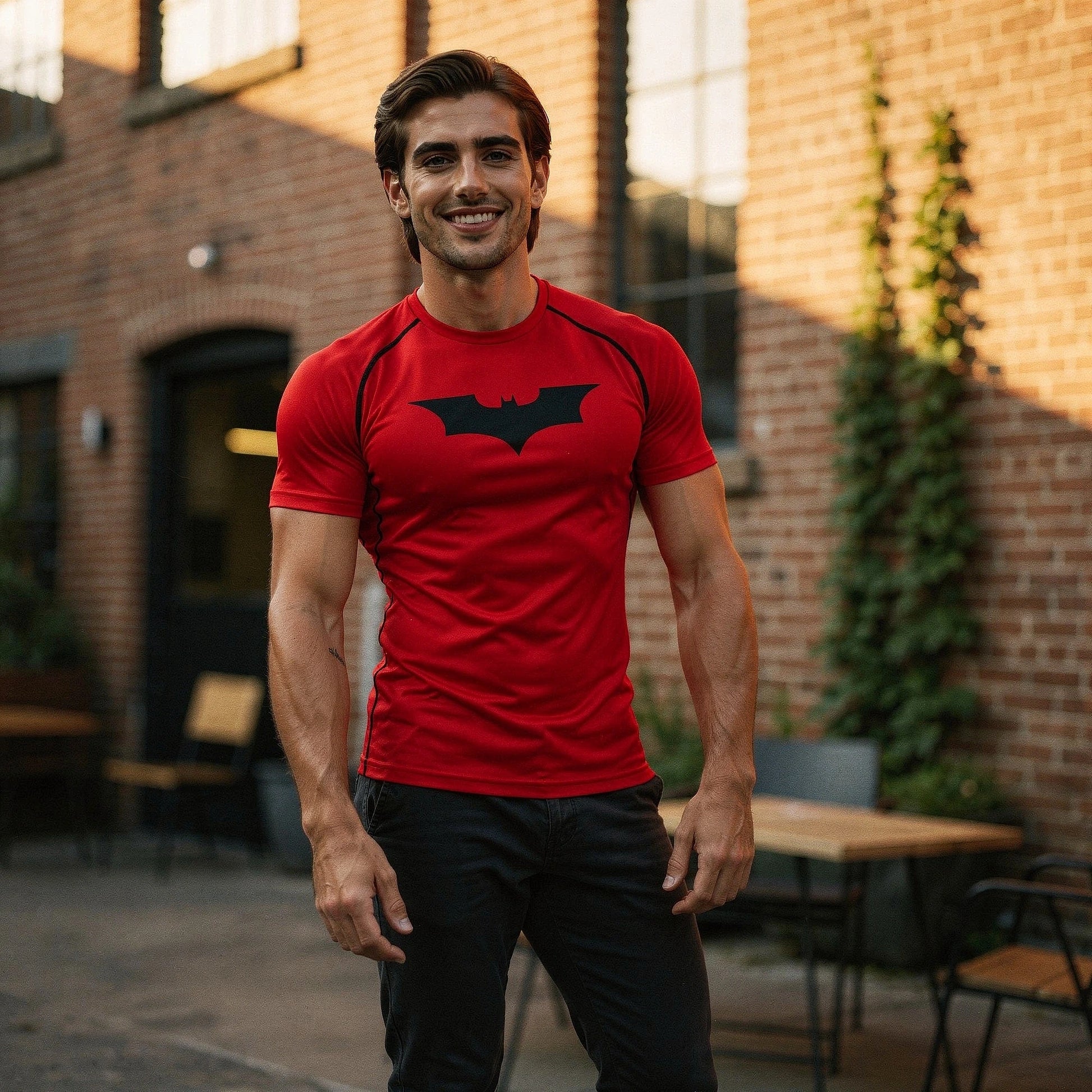 View of a black men's athletic compression running tee made from breathable fabric, featuring short sleeves and a fitted design