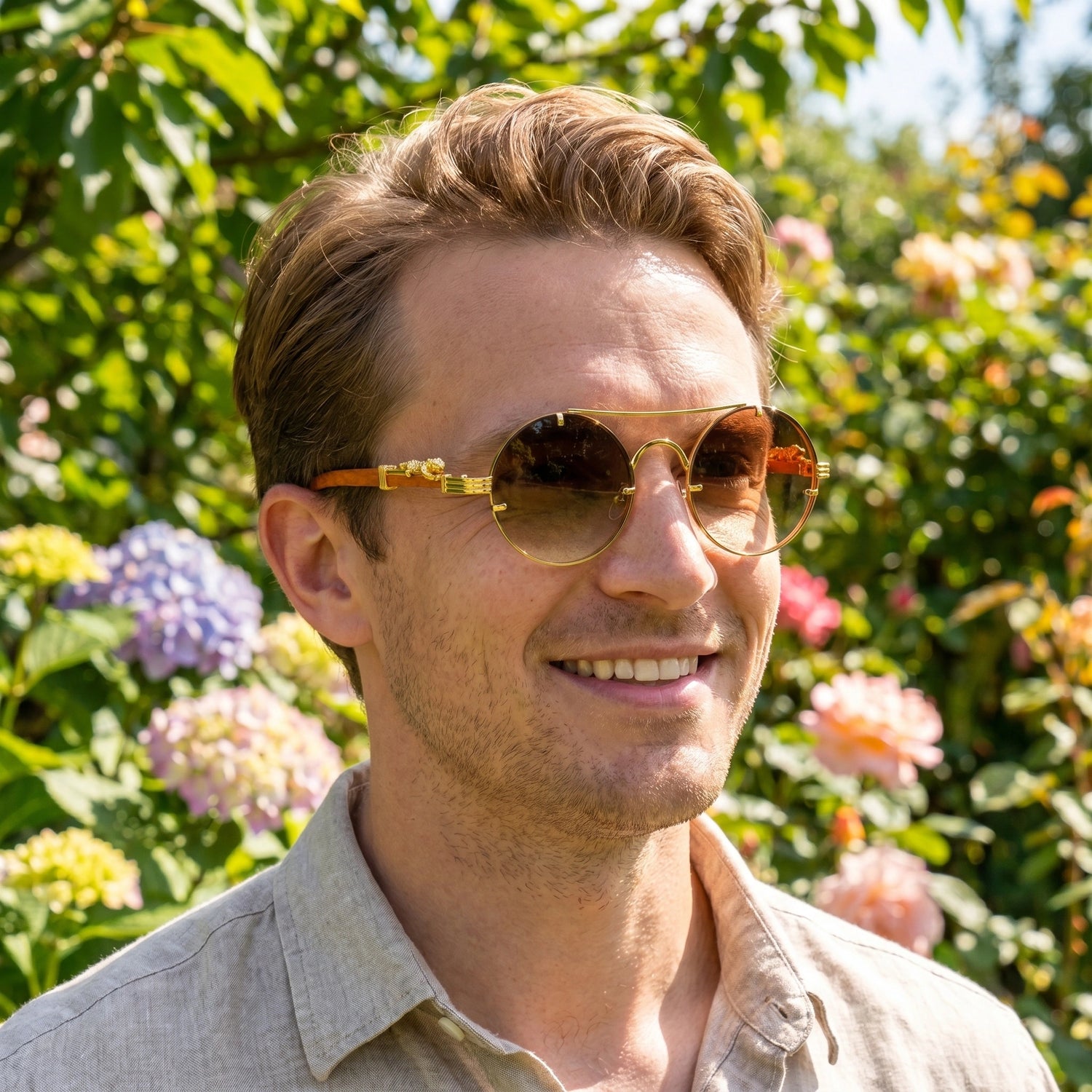 A model showcases the Mens Luxe Retro Cheetah Eyewear in a summer outfit against a light, neutral background, showing its bold and design.