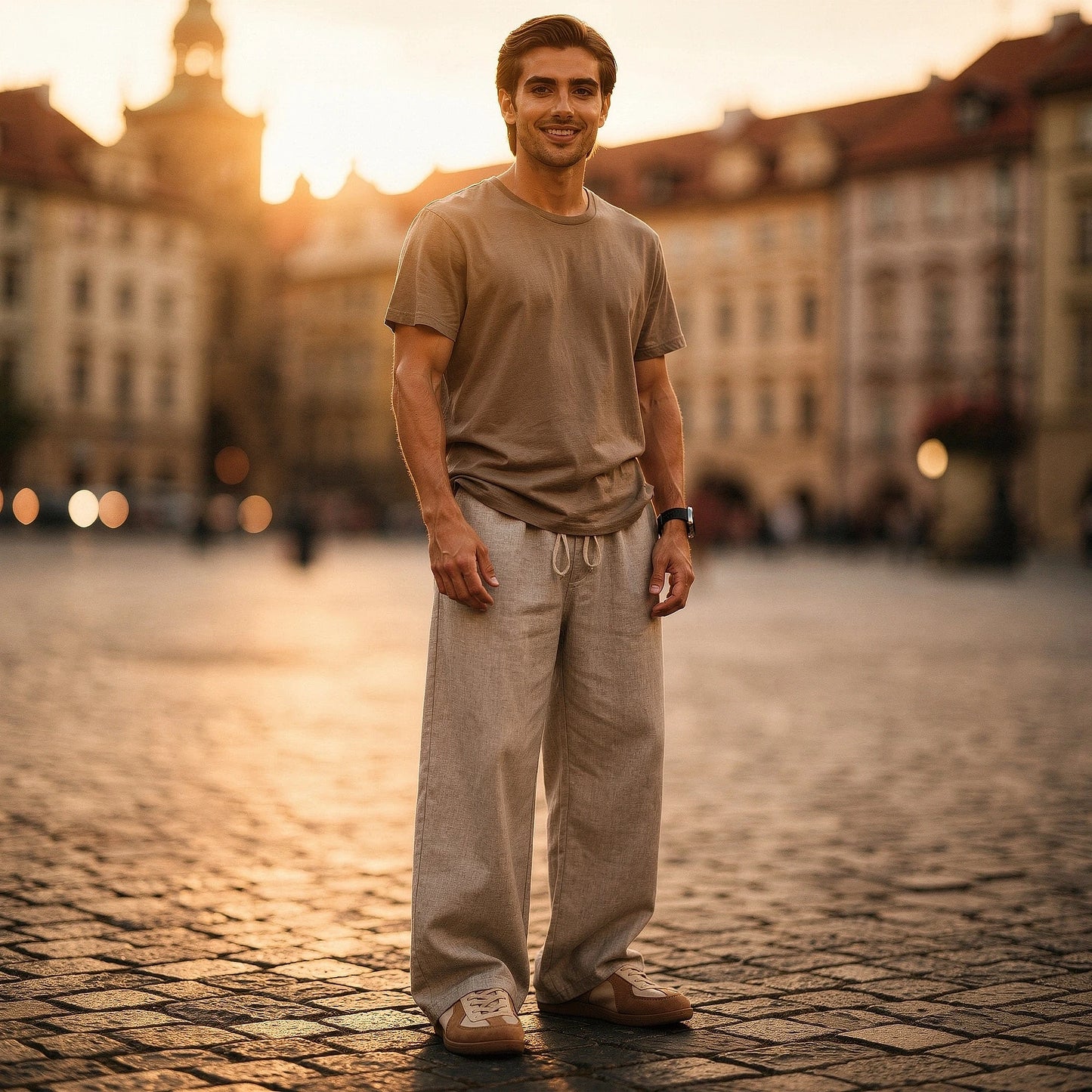 Lightweight summer trousers in a soft beige fabric, featuring a relaxed fit and pockets, view showcasing texture