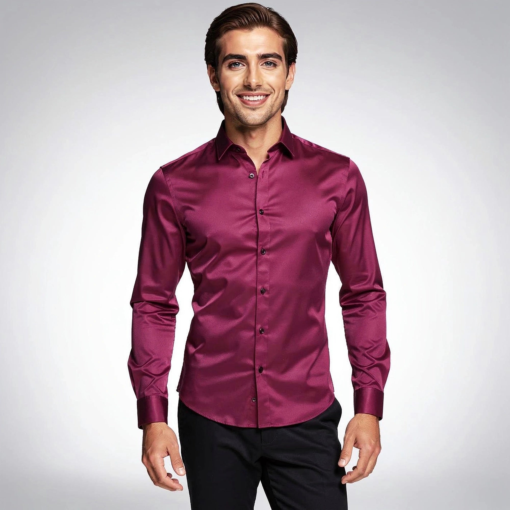 View of a tailored modern everyday shirt in light blue, featuring a crisp collar and neatly stitched buttons